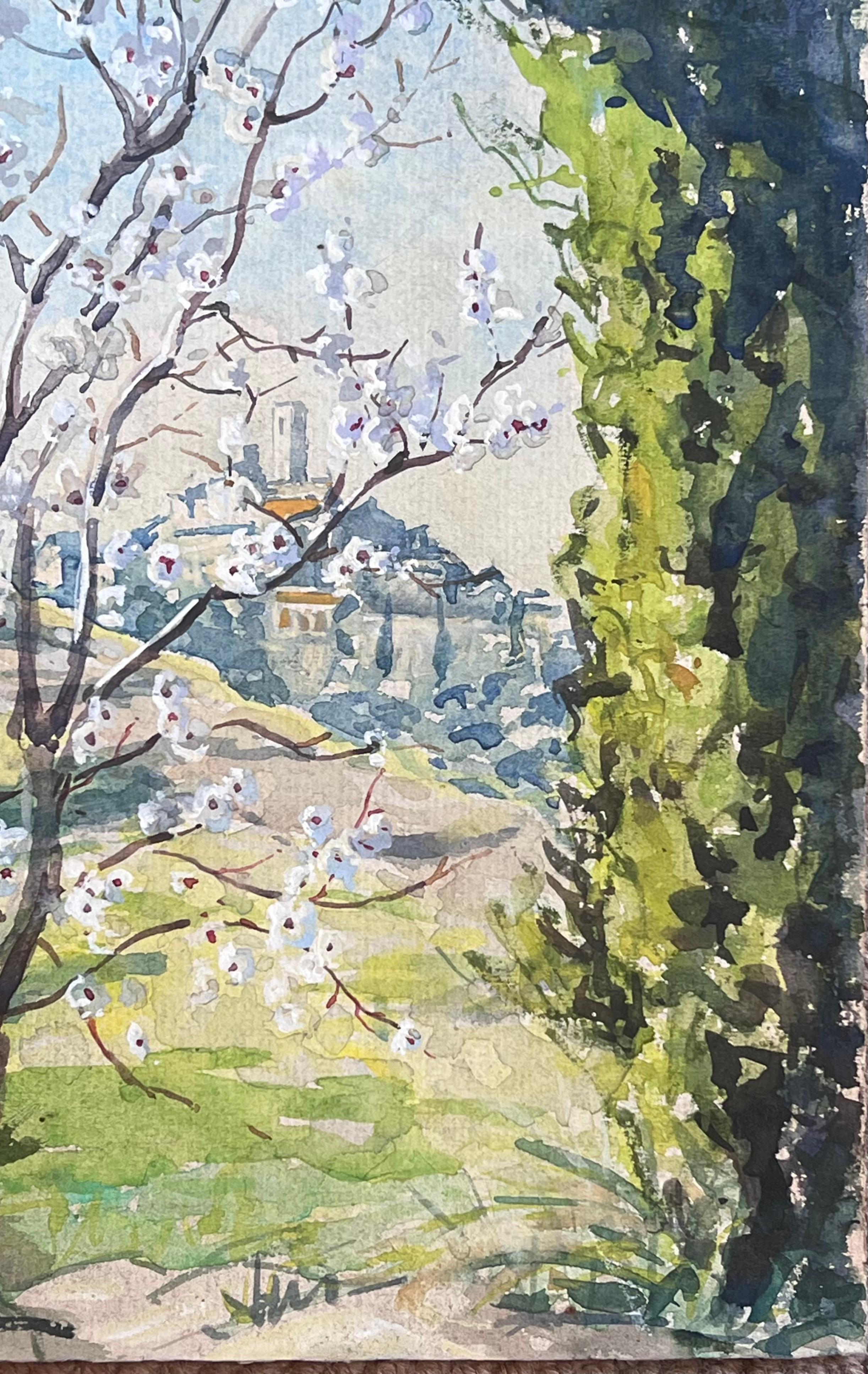 Impresionismo francés de 1930 Bonito pueblo provenzal en la cima de una colina Árboles en flor - Painting Impresionista de French School