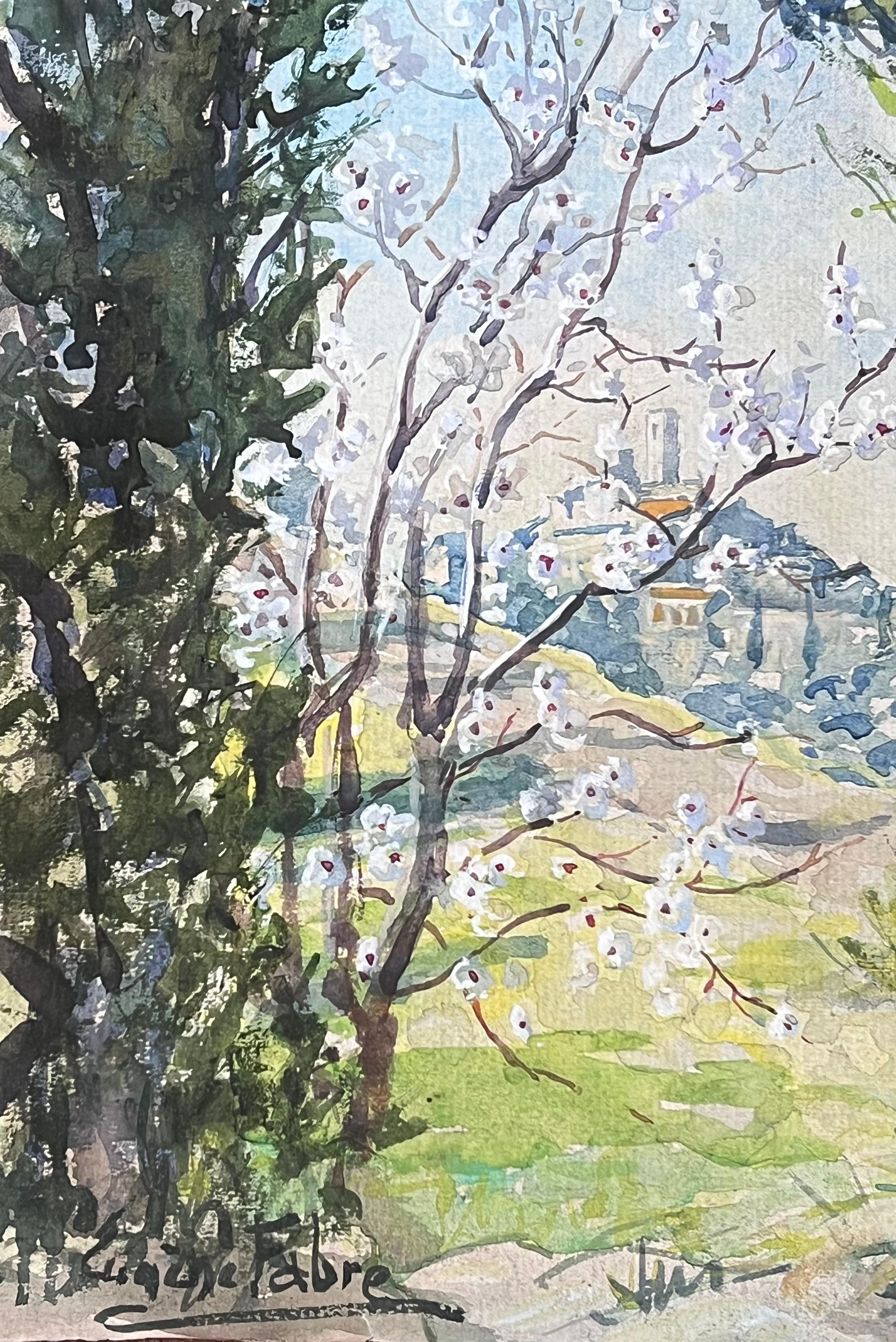 Impresionismo francés de 1930 Bonito pueblo provenzal en la cima de una colina Árboles en flor en venta 1