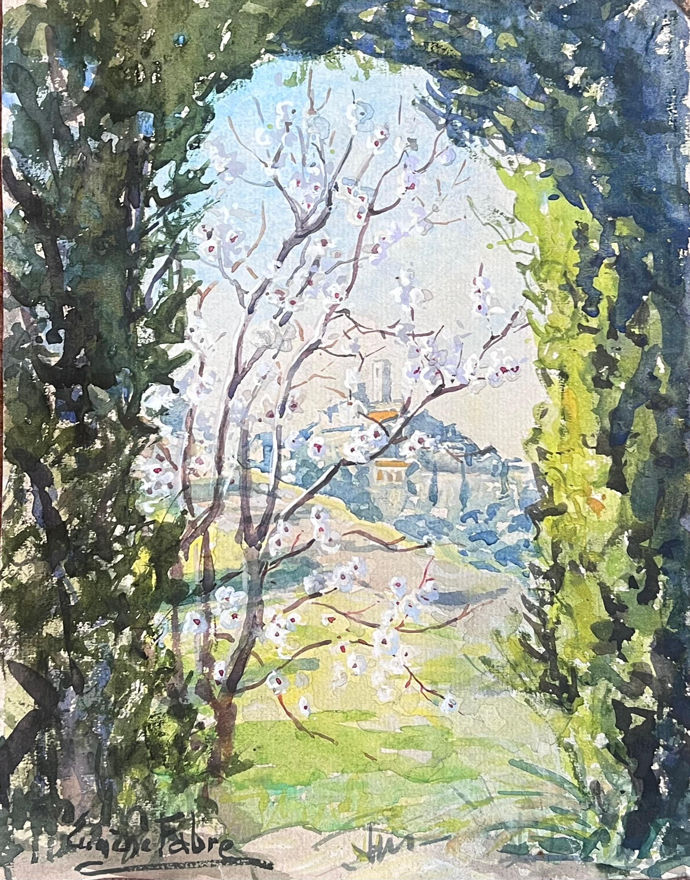 Landscape Painting de French School - Impresionismo francés de 1930 Bonito pueblo provenzal en la cima de una colina Árboles en flor