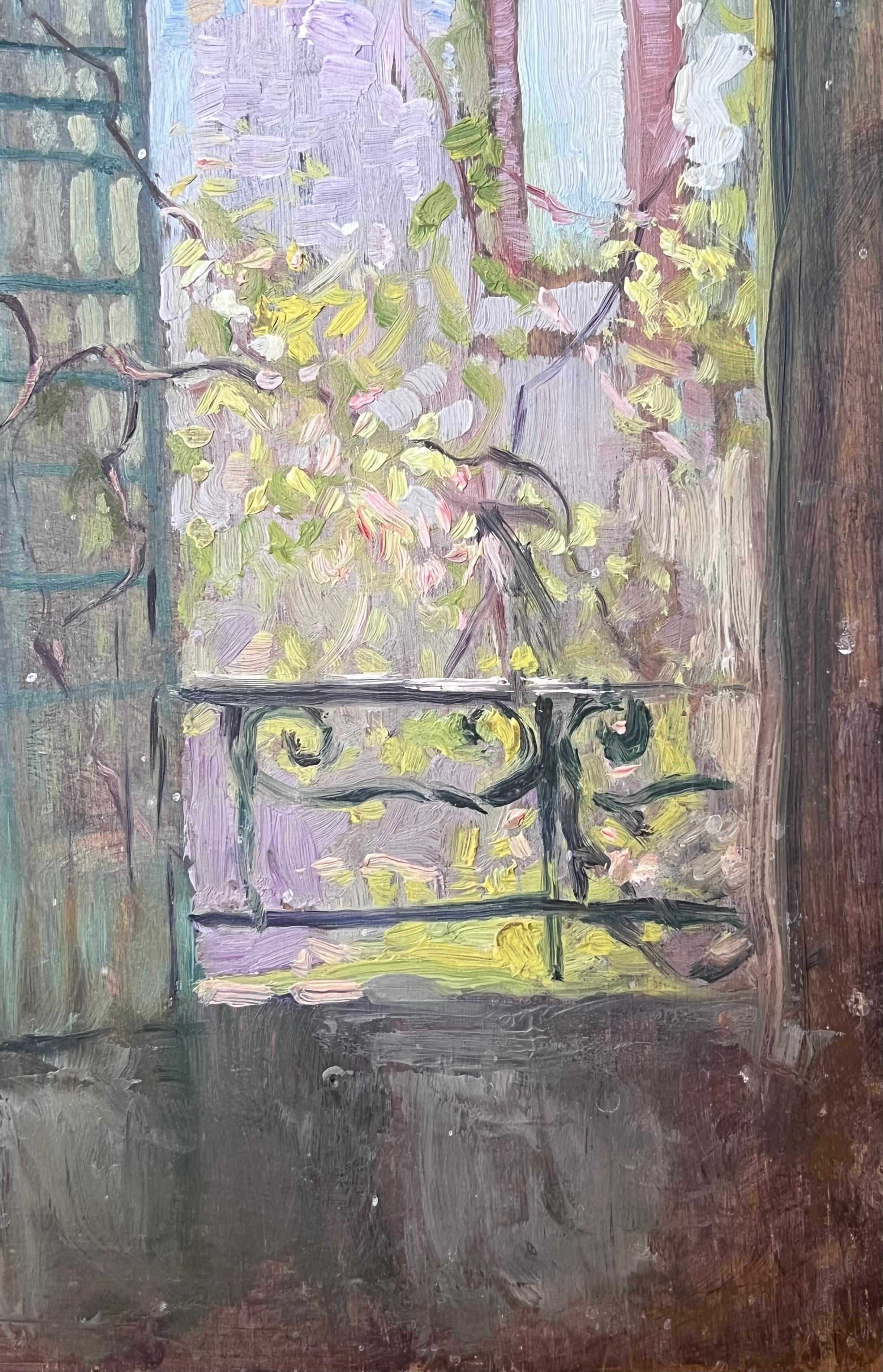 Olio post impressionista del 1930, vista di un interno di una stanza da una finestra di un giardino - Painting di French School