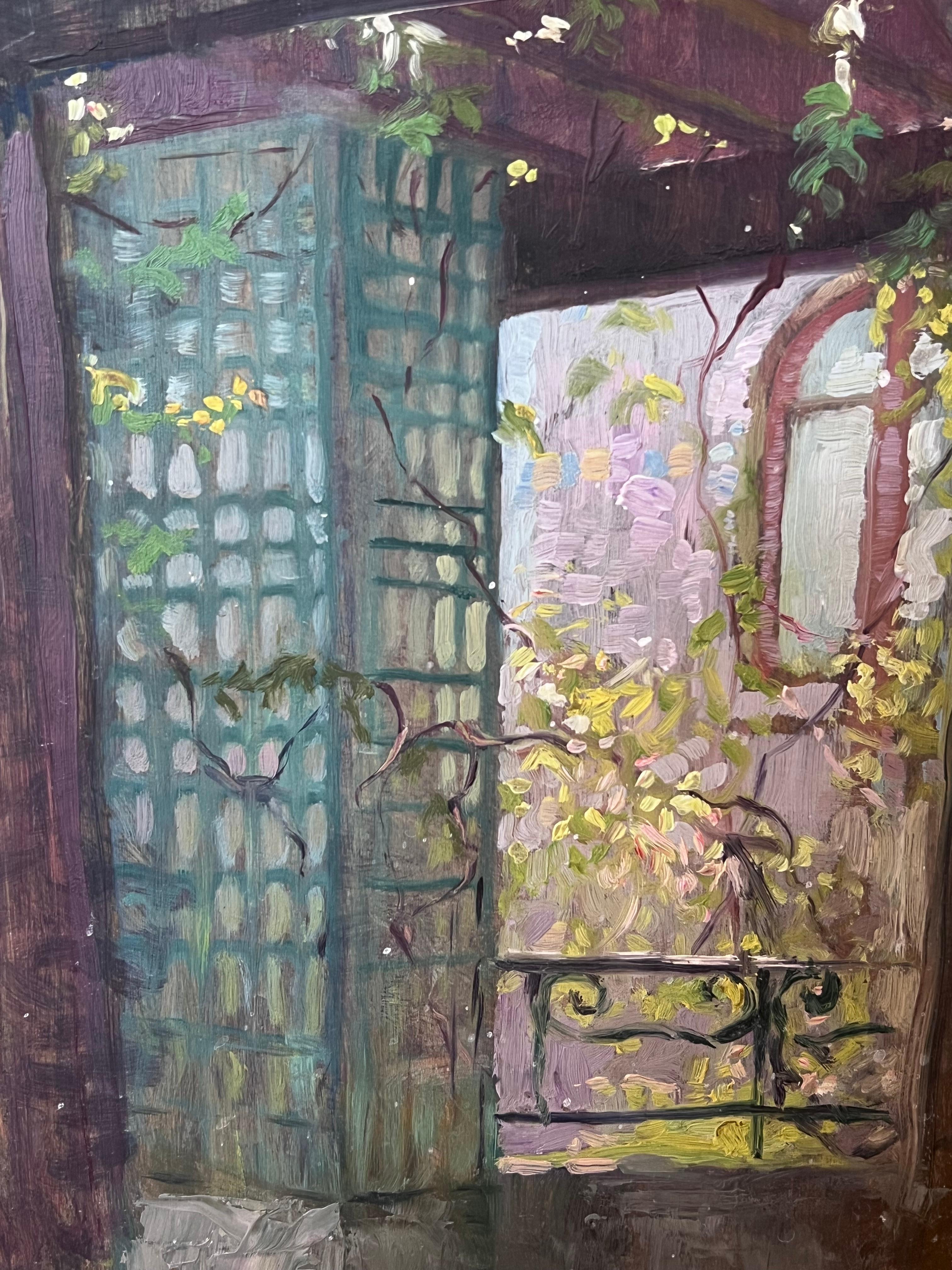 Olio post impressionista del 1930, vista di un interno di una stanza da una finestra di un giardino - Painting Postimpressionismo di French School