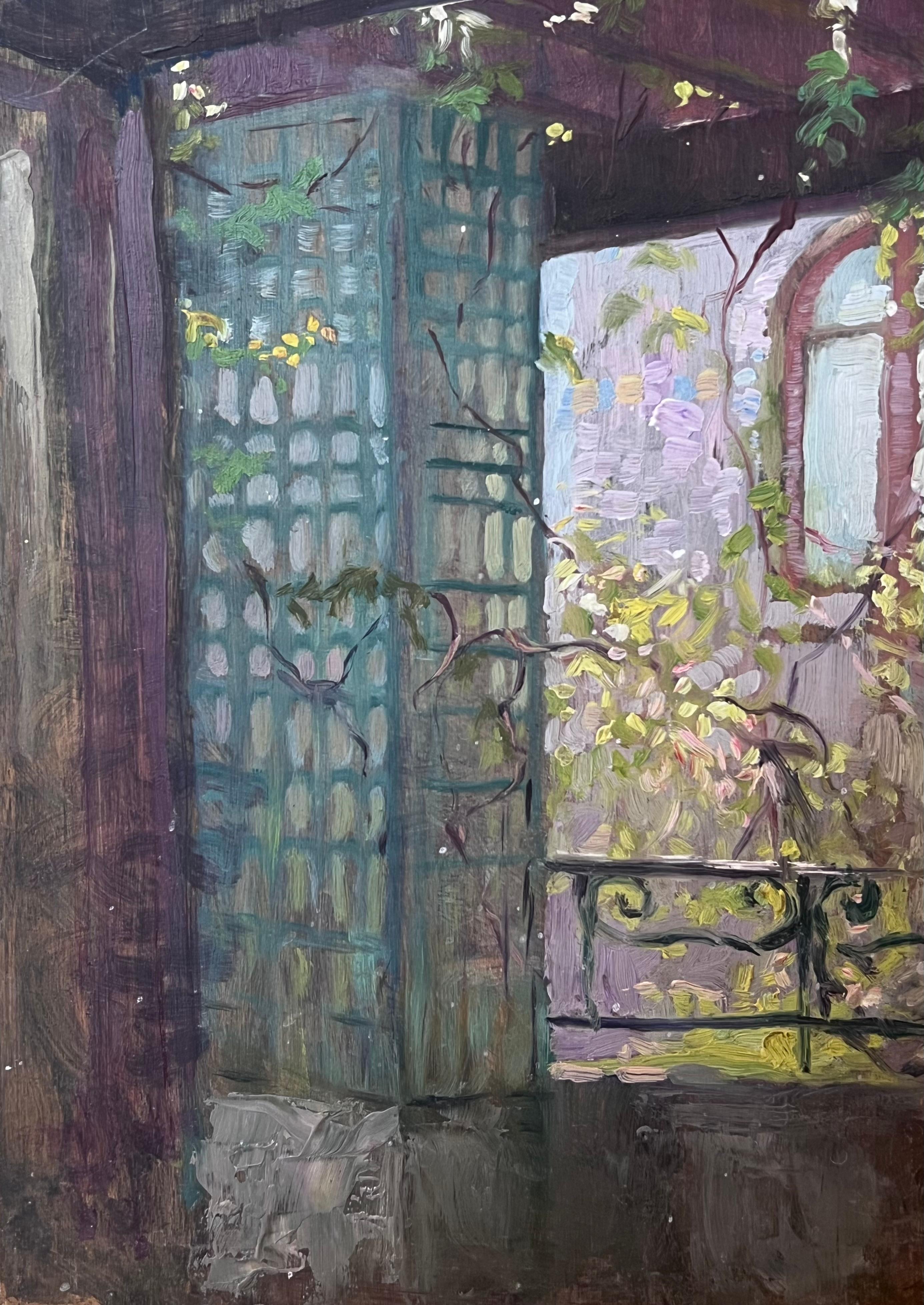 Olio post impressionista del 1930, vista di un interno di una stanza da una finestra di un giardino - Figurative Painting Grigio di French School