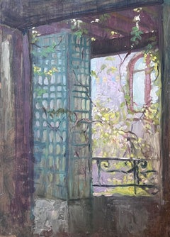 Antique 1930's French Post Impressionist Oil Interior Room View from a Garden Window