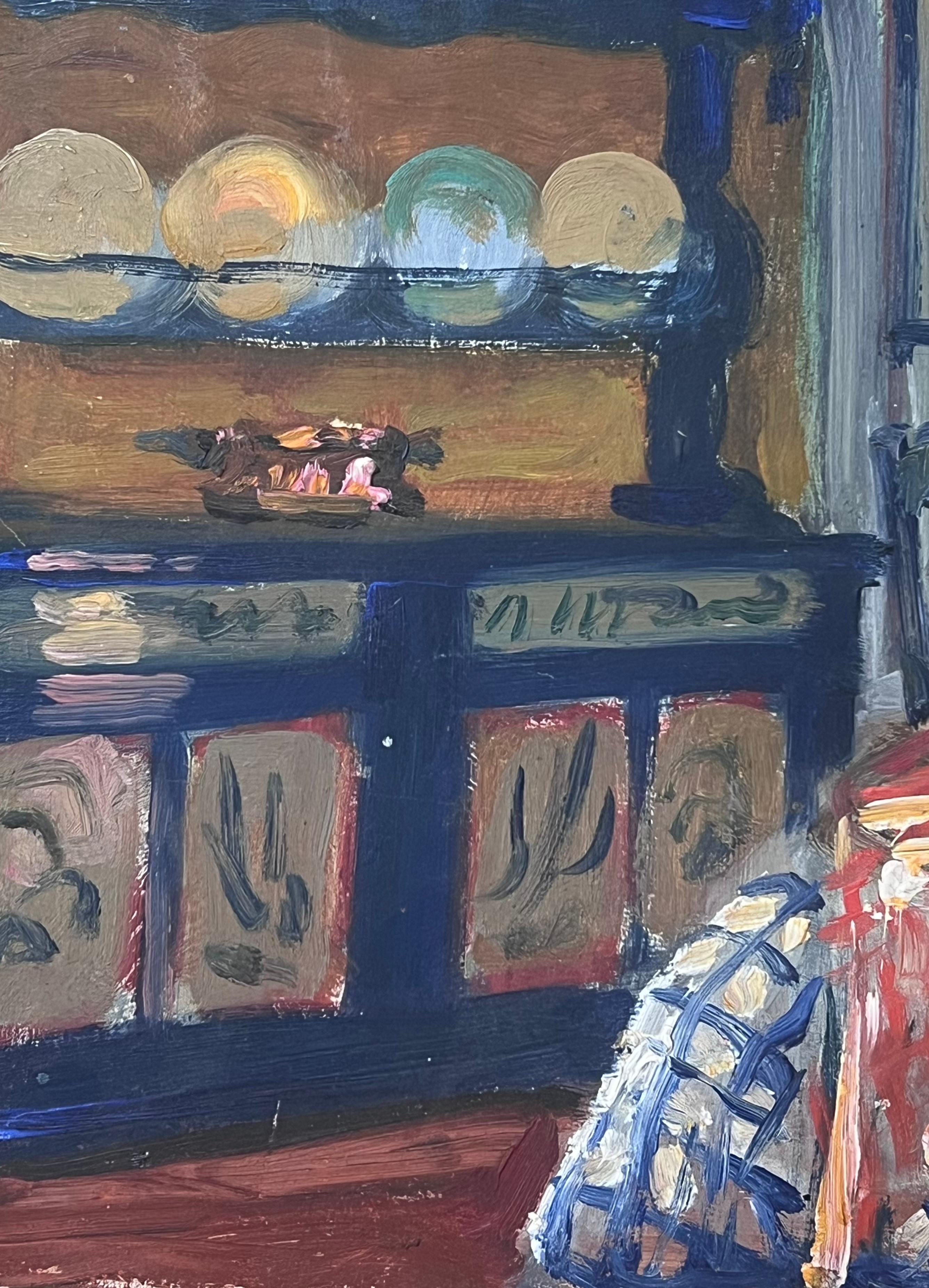Olio francese post-impressionista del 1930 Donna seduta Tavolo da cucina Interno cassettiera - Painting di French School