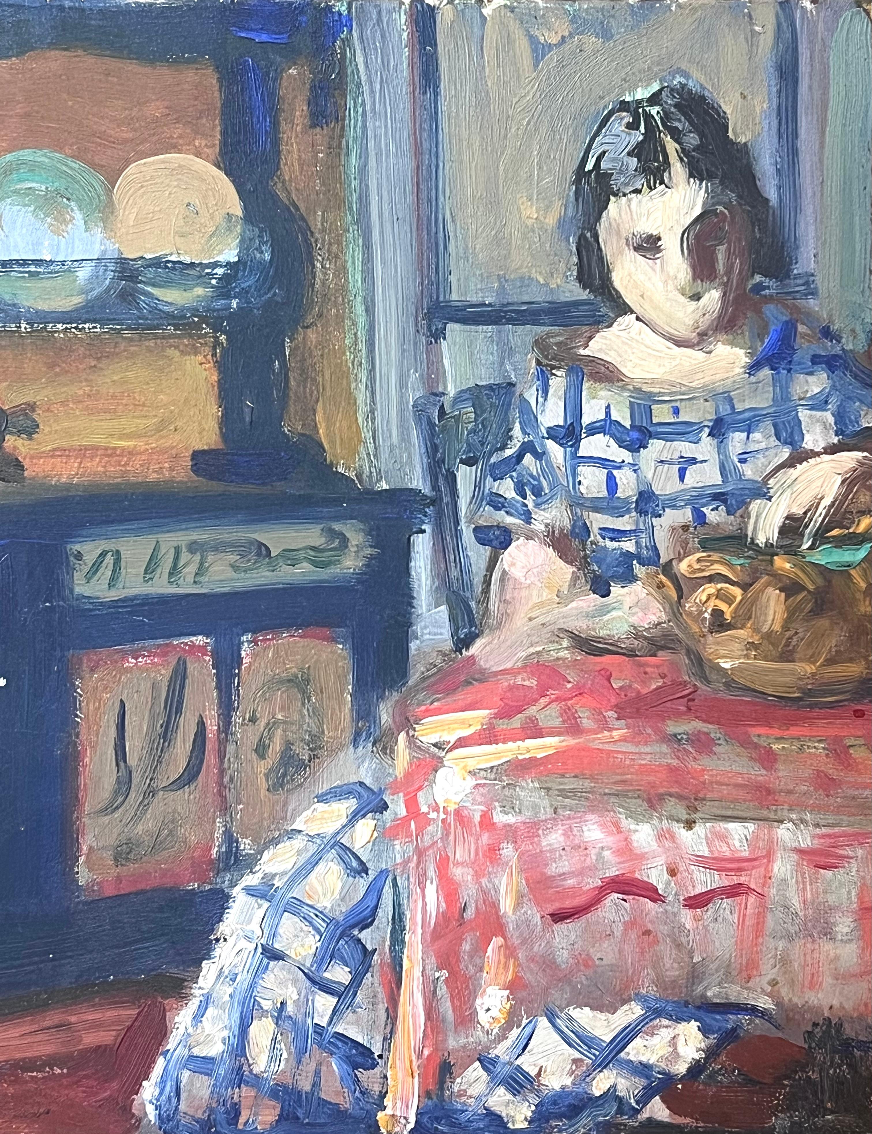 Olio francese post-impressionista del 1930 Donna seduta Tavolo da cucina Interno cassettiera - Painting Postimpressionismo di French School