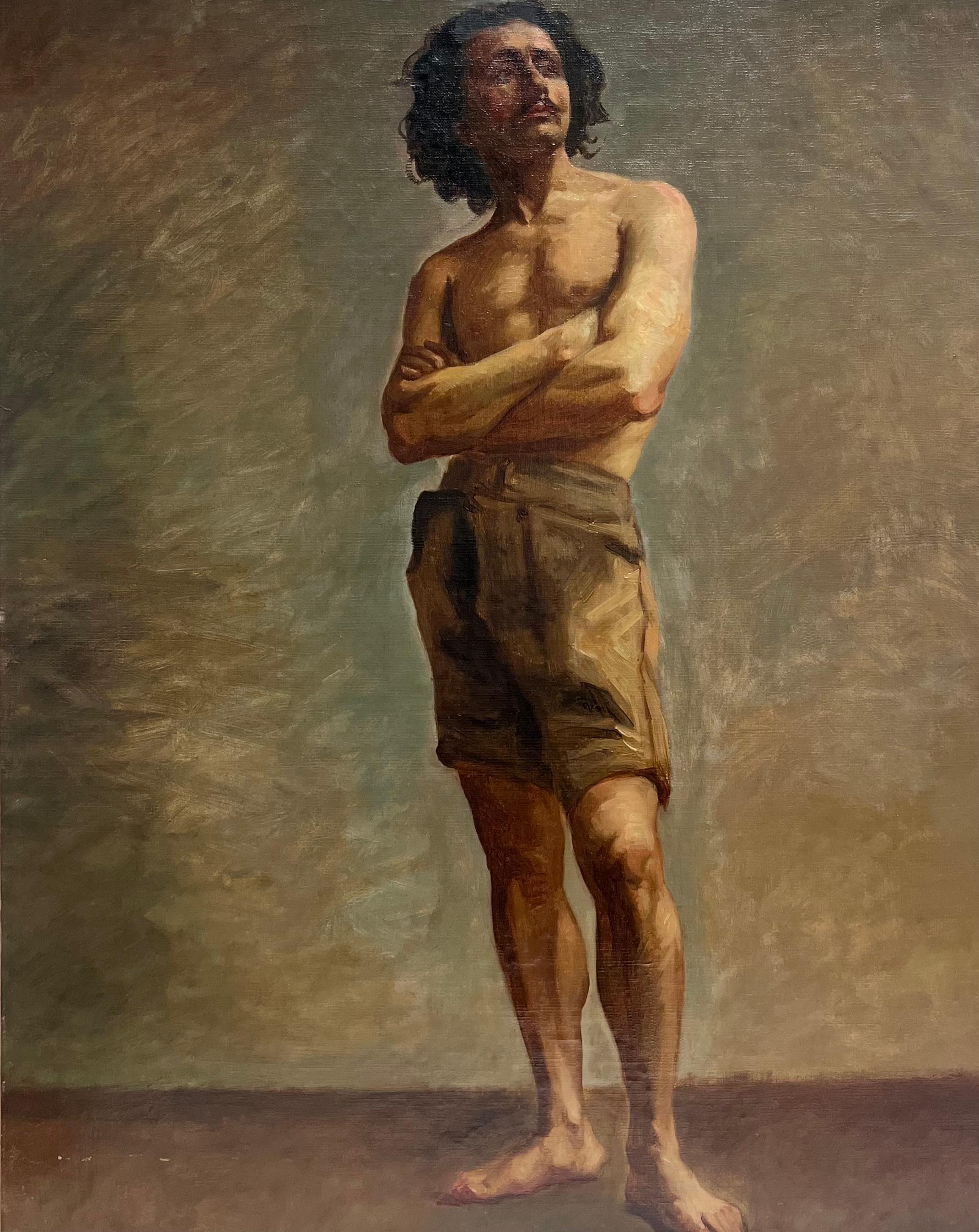 Pittura ad olio accademica francese del XIX secolo Uomo semi-nudo in posa per l'artista - Painting di French School