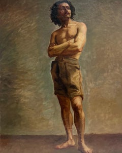 19th Century French Academic Oil Painting Semi Nude Man Posing for Artist