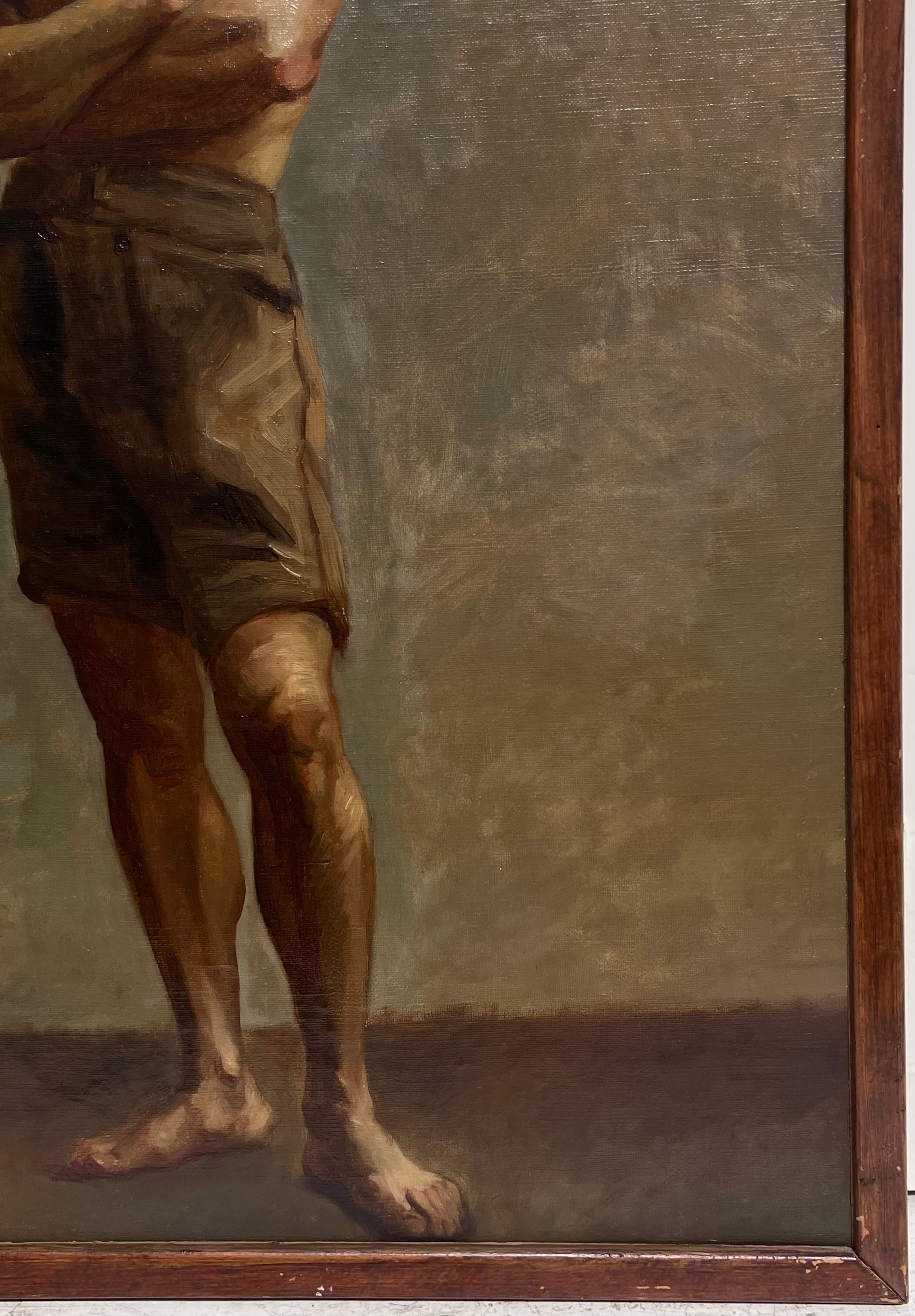 Pittura ad olio accademica francese del XIX secolo Uomo semi-nudo in posa per l'artista - Painting Scuola francese di French School