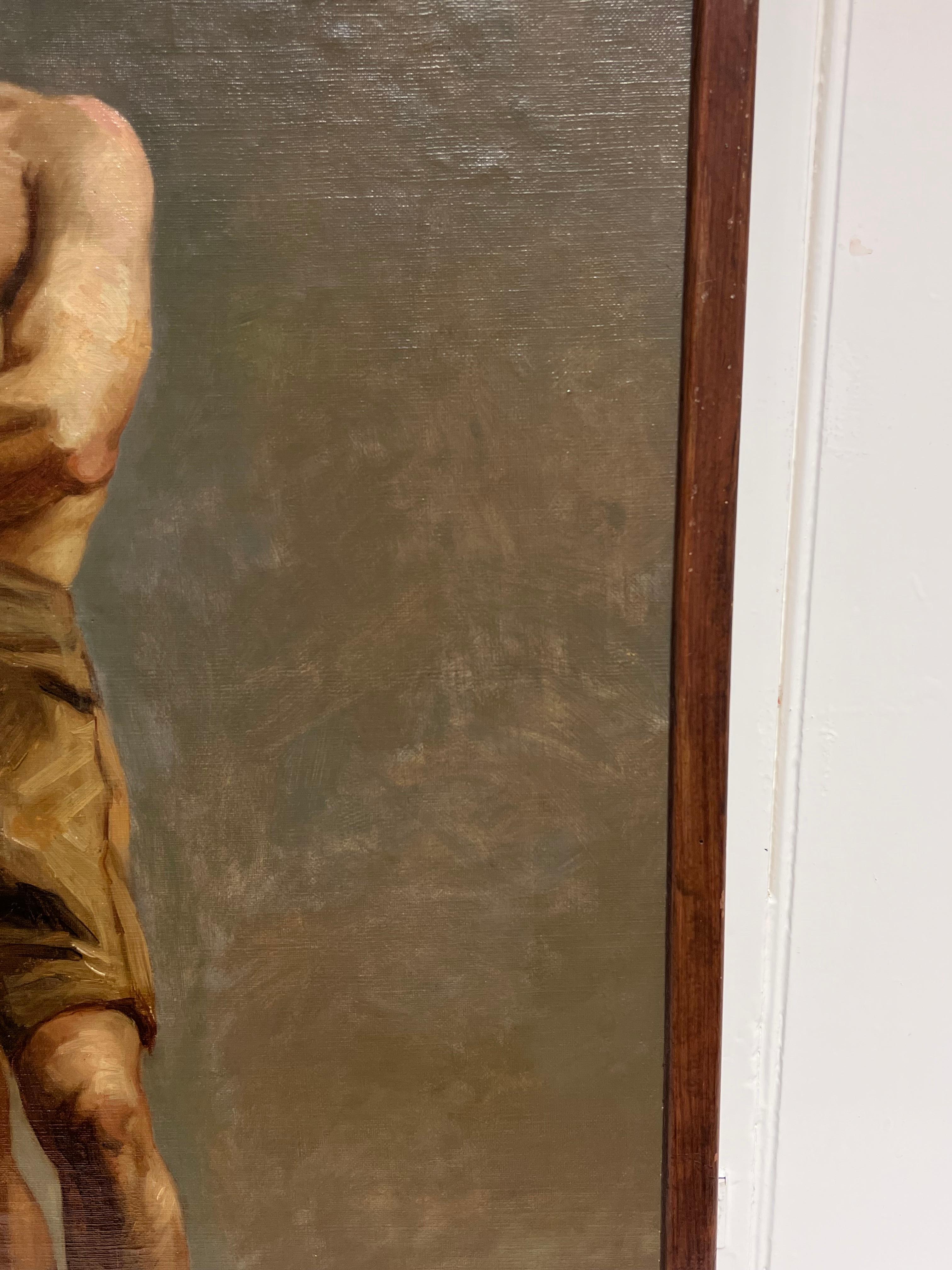 Pittura ad olio accademica francese del XIX secolo Uomo semi-nudo in posa per l'artista - Nude Painting Marrone di French School