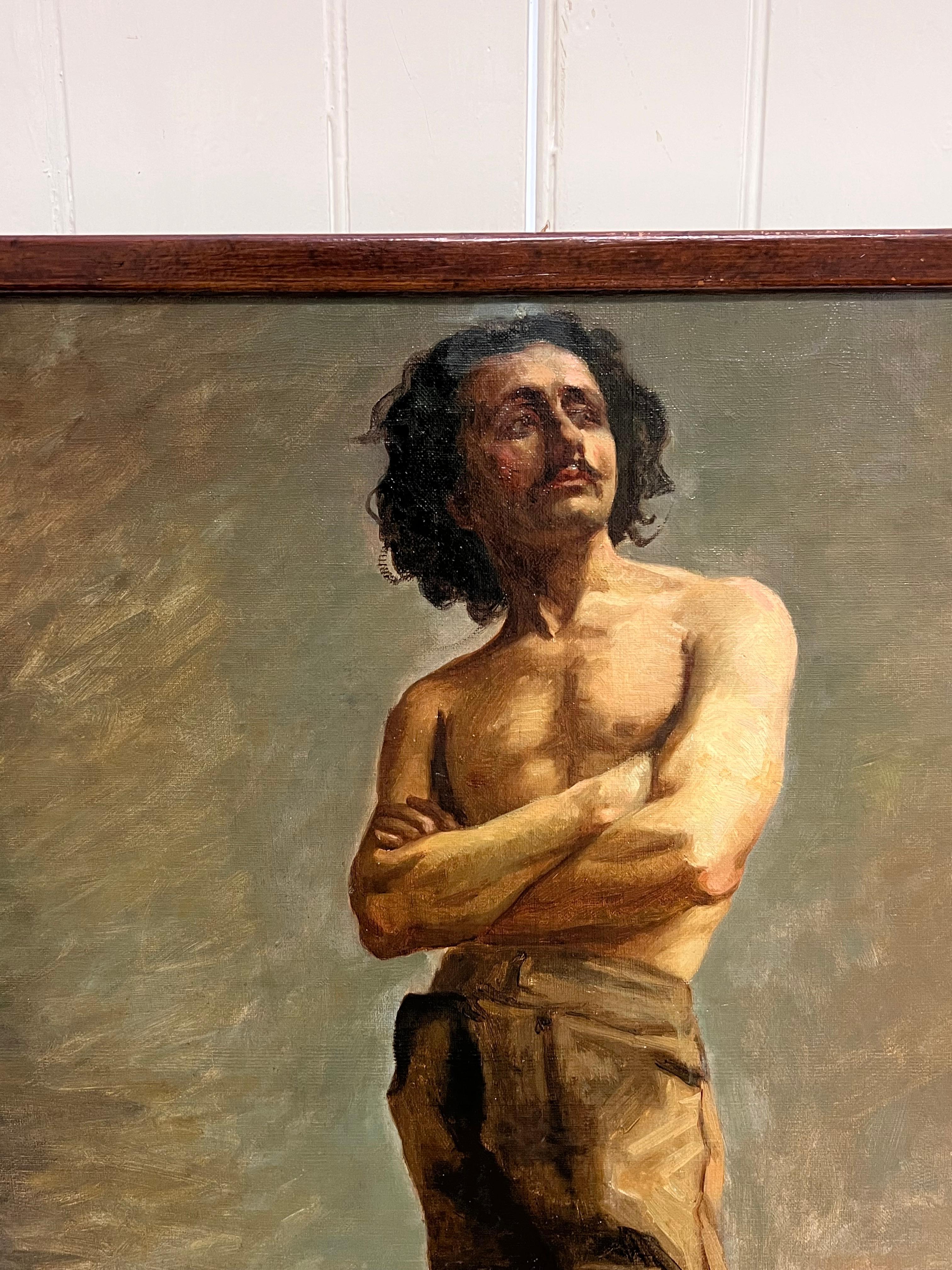 Pittura ad olio accademica francese del XIX secolo Uomo semi-nudo in posa per l'artista 1