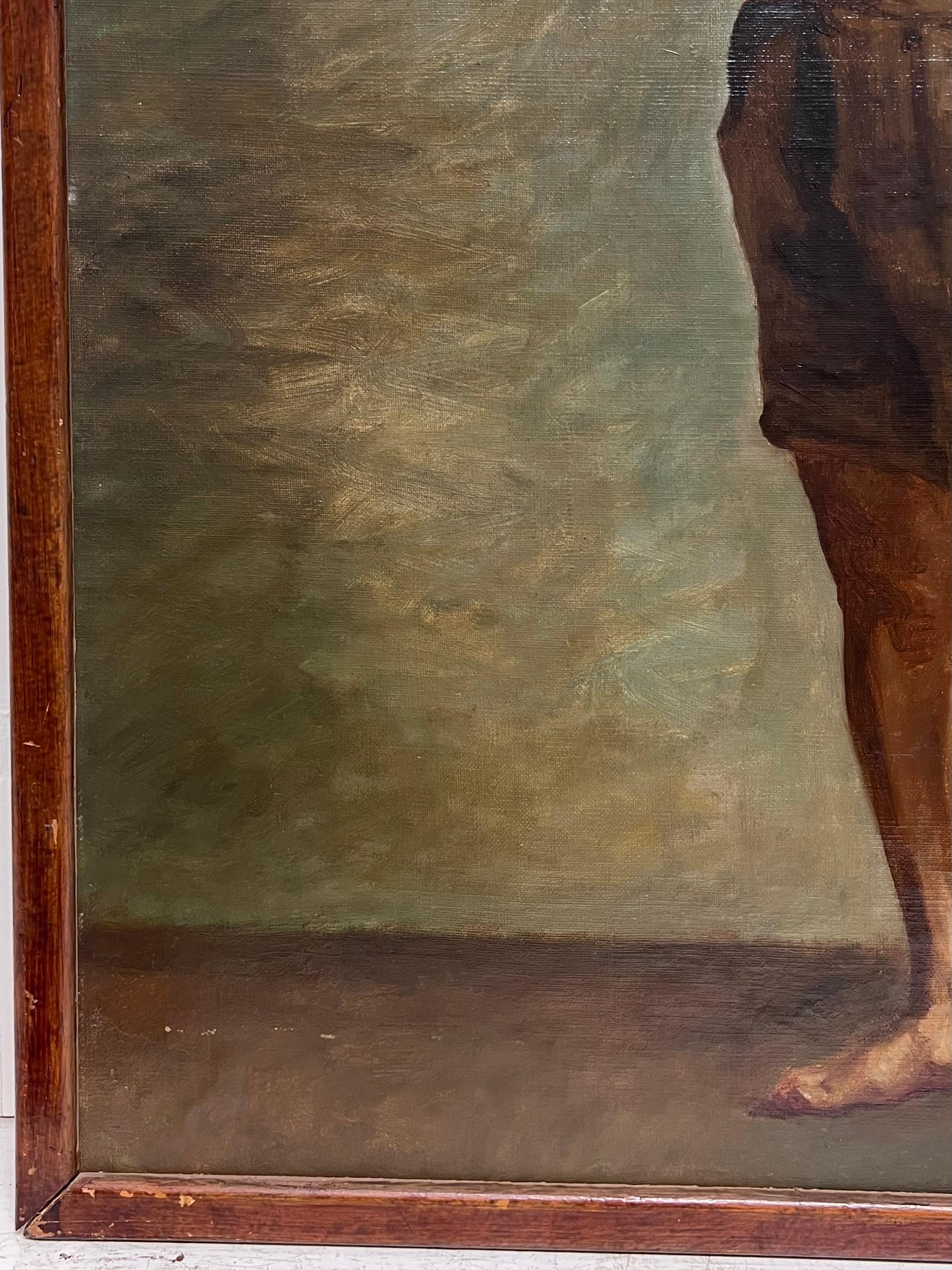 Pittura ad olio accademica francese del XIX secolo Uomo semi-nudo in posa per l'artista 2