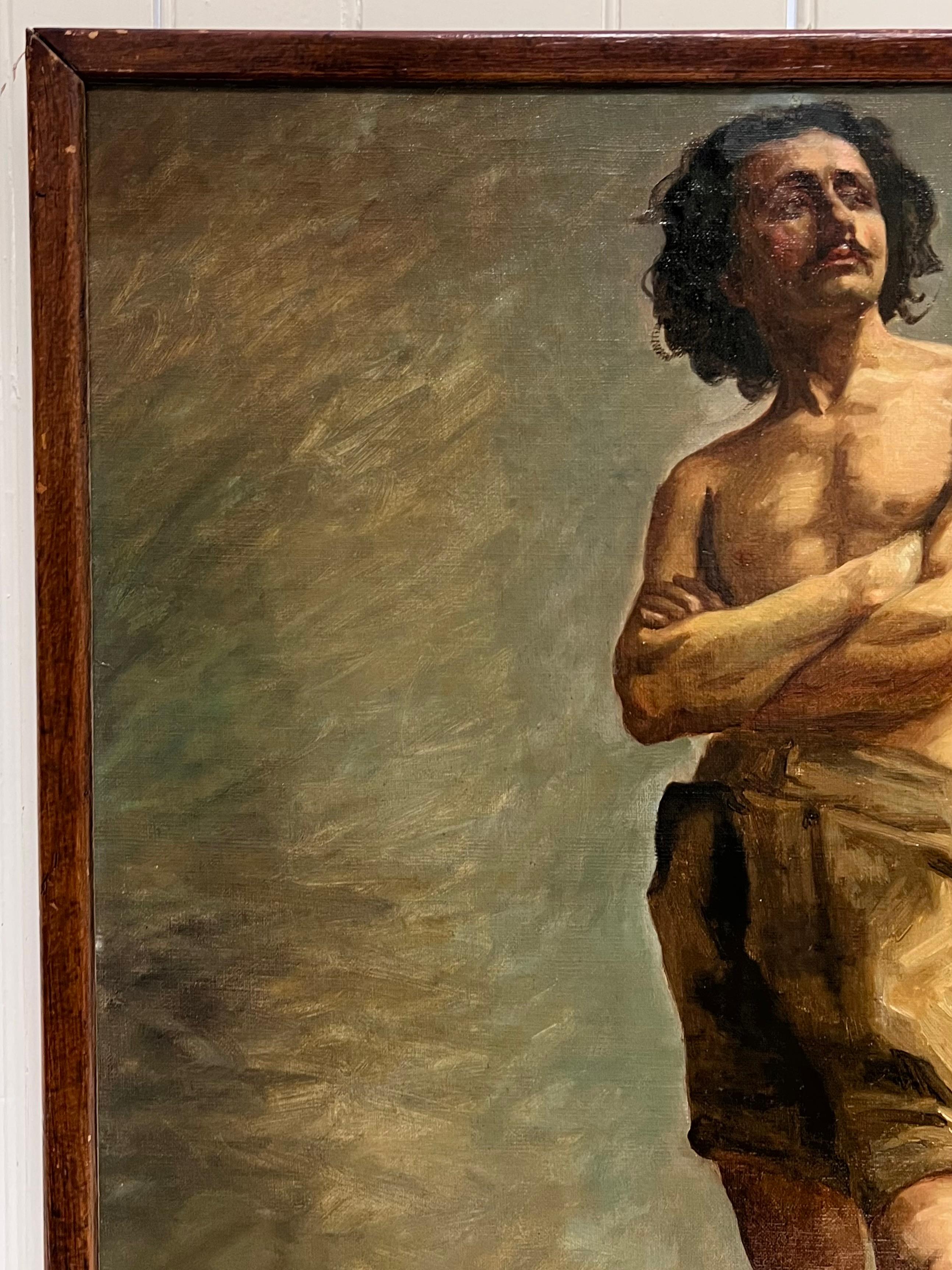 Pittura ad olio accademica francese del XIX secolo Uomo semi-nudo in posa per l'artista 3