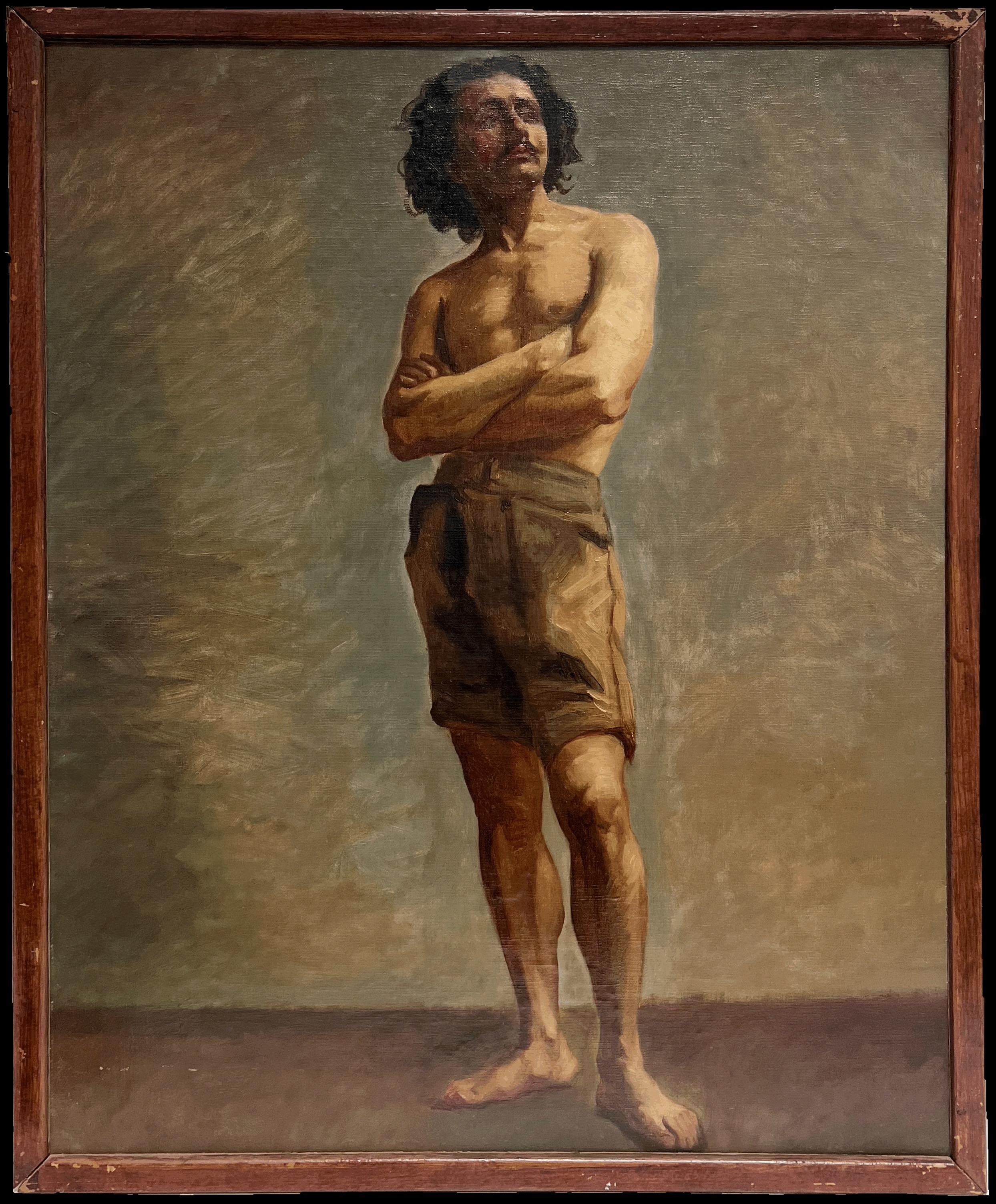 Nude Painting di French School - Pittura ad olio accademica francese del XIX secolo Uomo semi-nudo in posa per l'artista