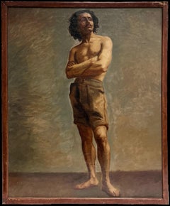 Französisches akademisches Ölgemälde des 19. Jahrhunderts, Halbakt, Mann, Posing für Künstler