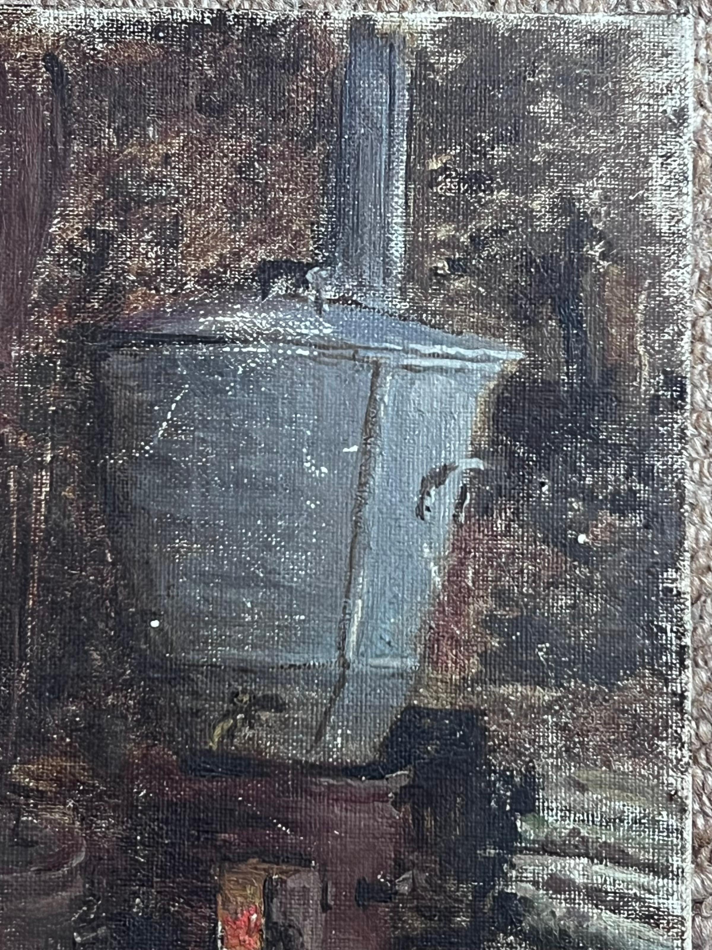 Ancienne croquise à l'huile impressionniste française d'un intérieur de cuisine - Painting de French School