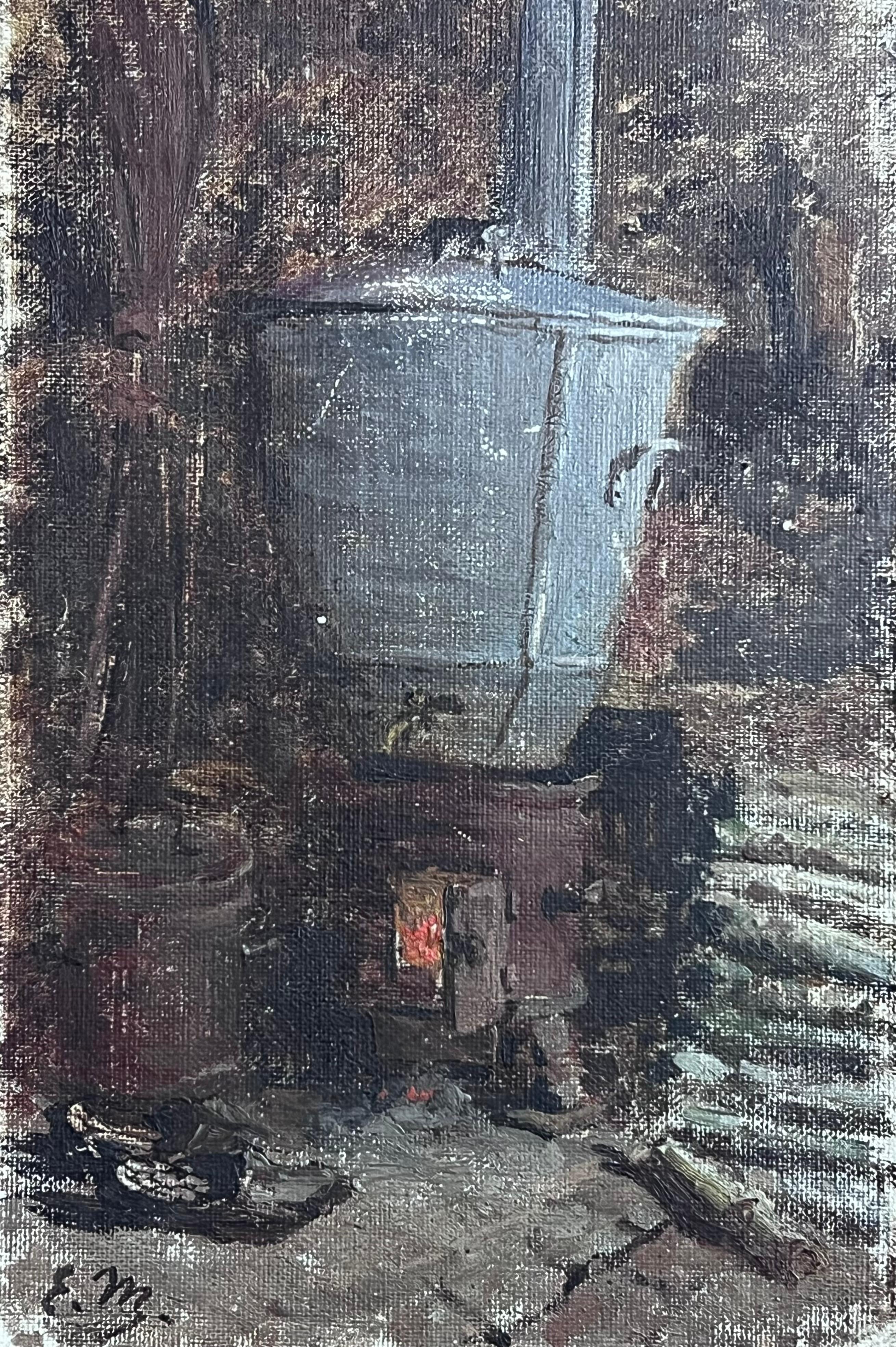 Ancienne croquise à l'huile impressionniste française d'un intérieur de cuisine - Impressionnisme Painting par French School