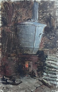 Antique French Impressionist Oil Sketch Study of Kitchen Interior