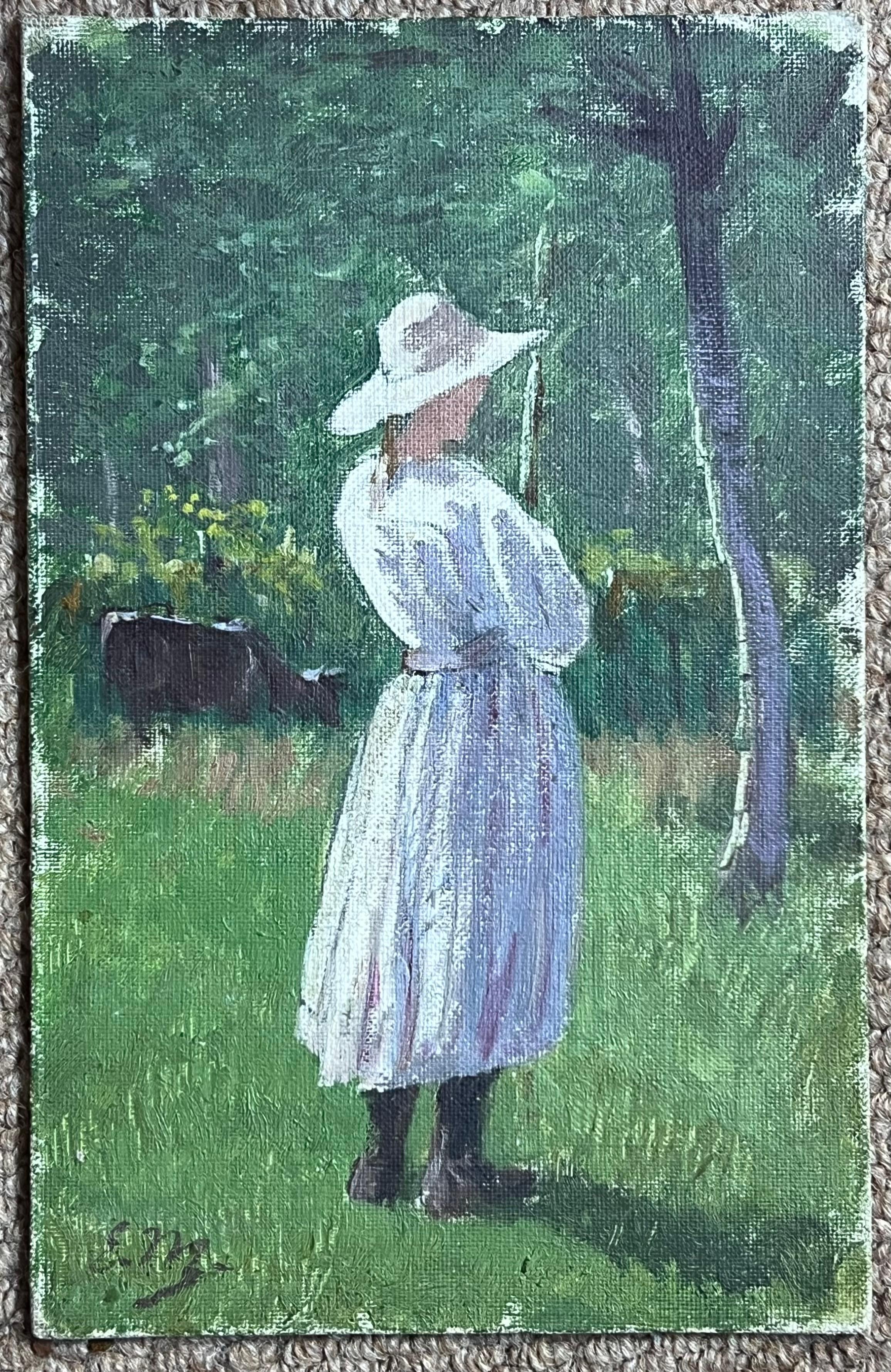 Antique French Impressionist Signed Oil Farming Girl Dappled Light Landscape - Painting by French School