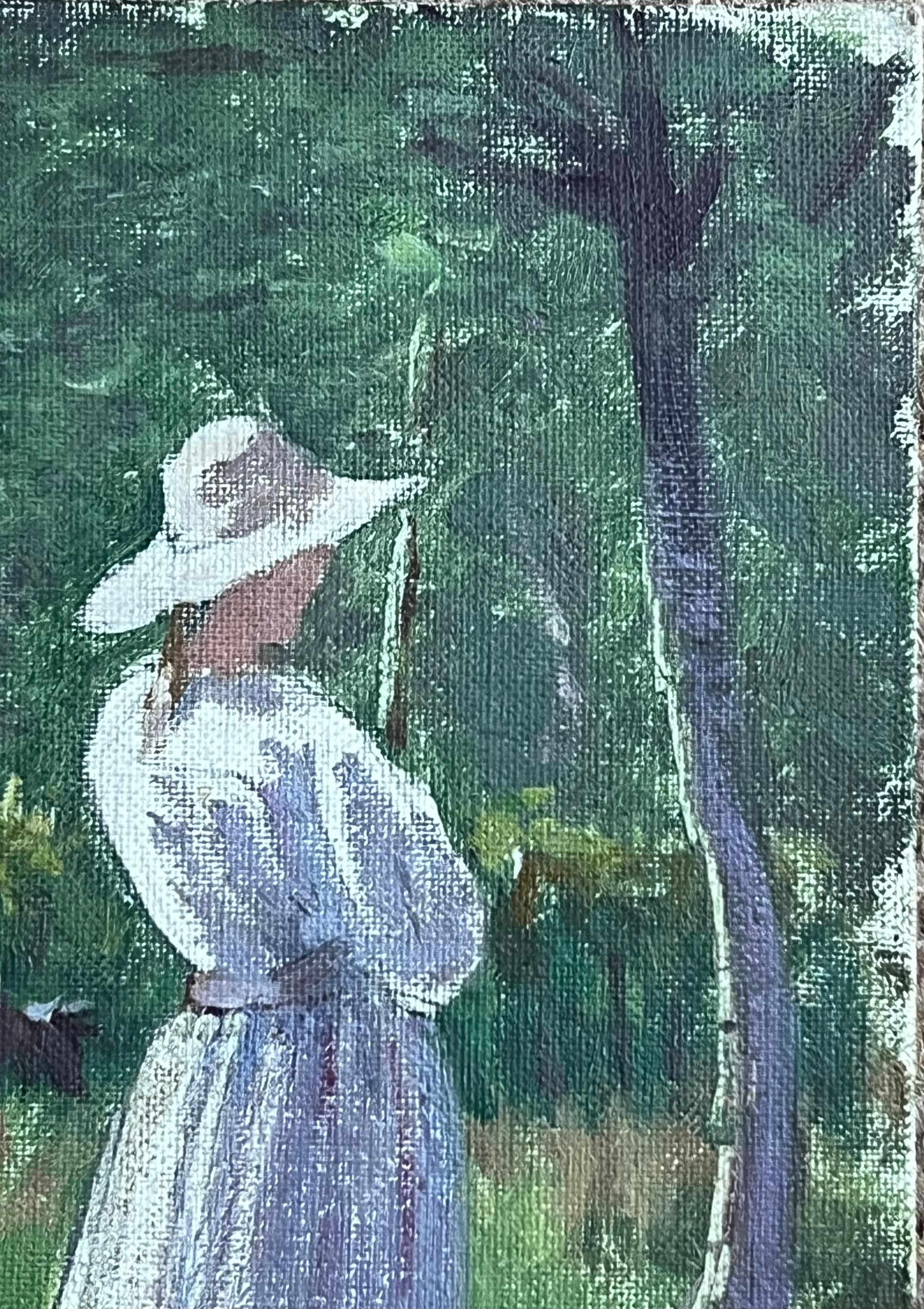 Antique French Impressionist Signed Oil Farming Girl Dappled Light Landscape - Gray Figurative Painting by French School