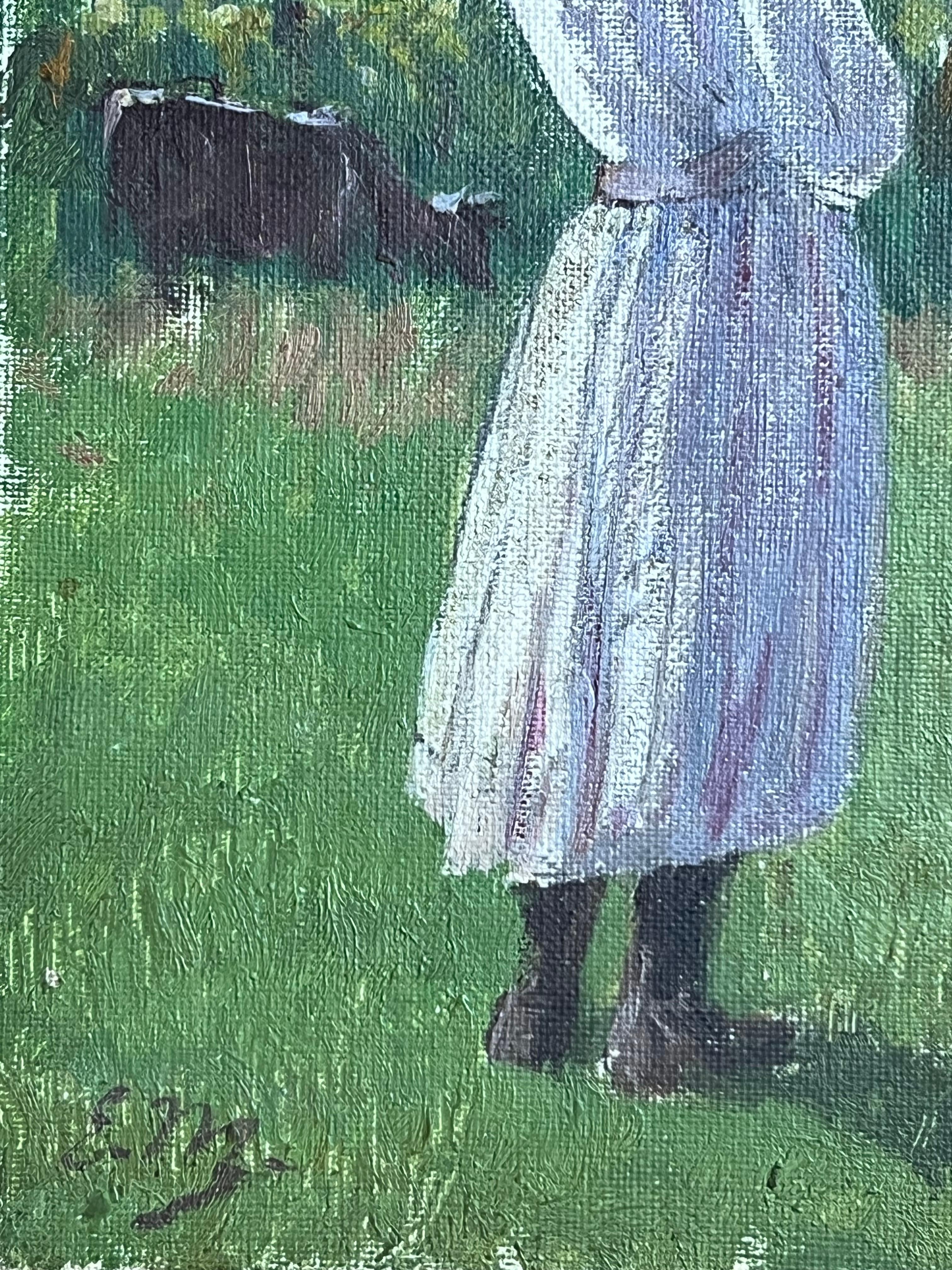 The Farmers Daughter
French Impressionist, early 1900's
signed oil painting on board, unframed
board: 8.75 x 5.5 inches
condition: very good
provenance: from a private collection in France. 

