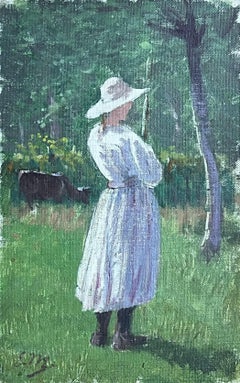 Antique French Impressionist Signed Oil Farming Girl Dappled Light Landscape