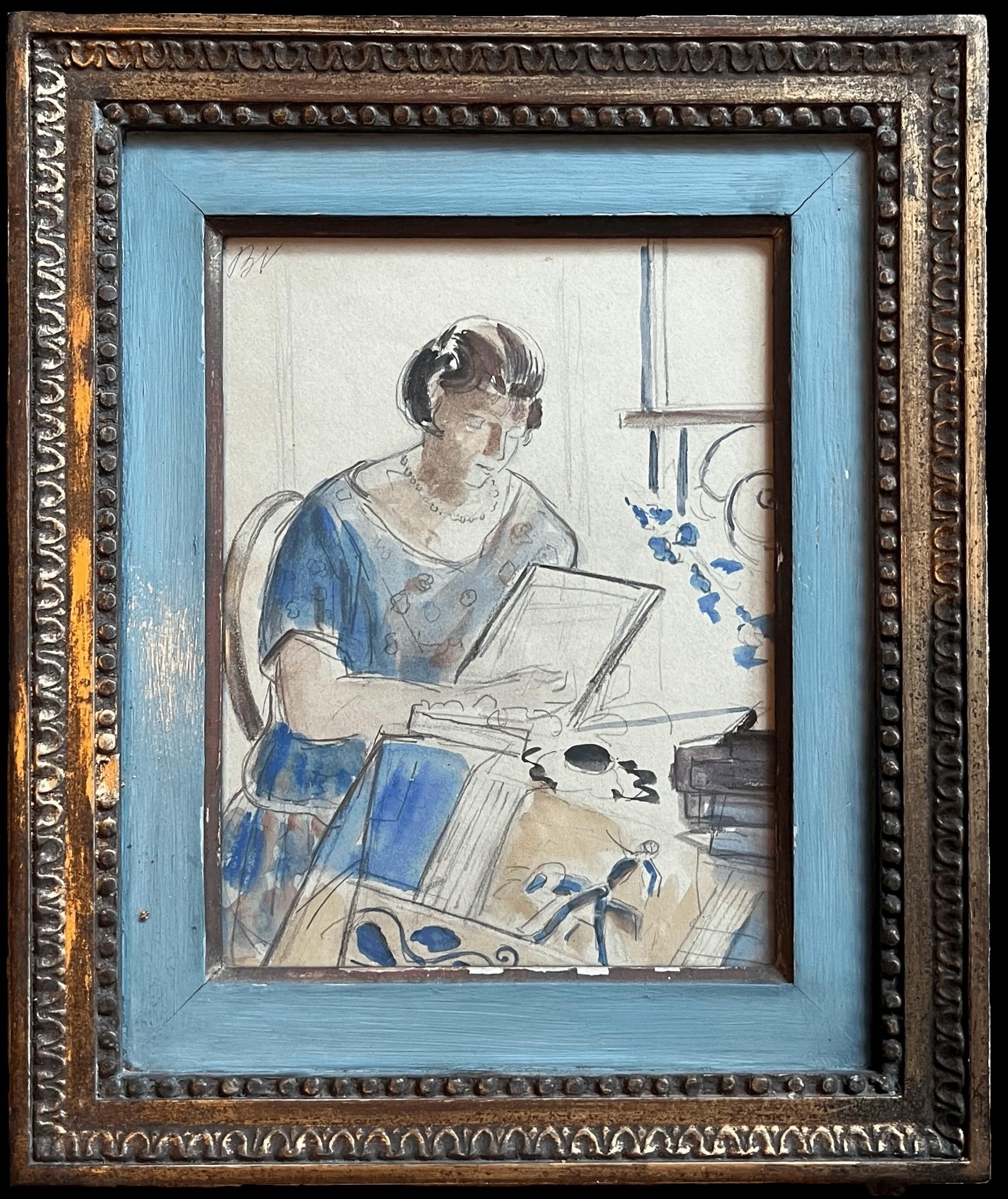 Acuarela impresionista francesa de principios del siglo XX Dama leyendo interior
