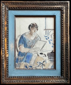 Französisches impressionistisches Aquarellgemälde der Dame, die Inneneinrichtung liest, frühes 20. Jahrhundert