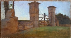 Early 20th Century French Oil Painting Study of Chateau Park Entrance Gates