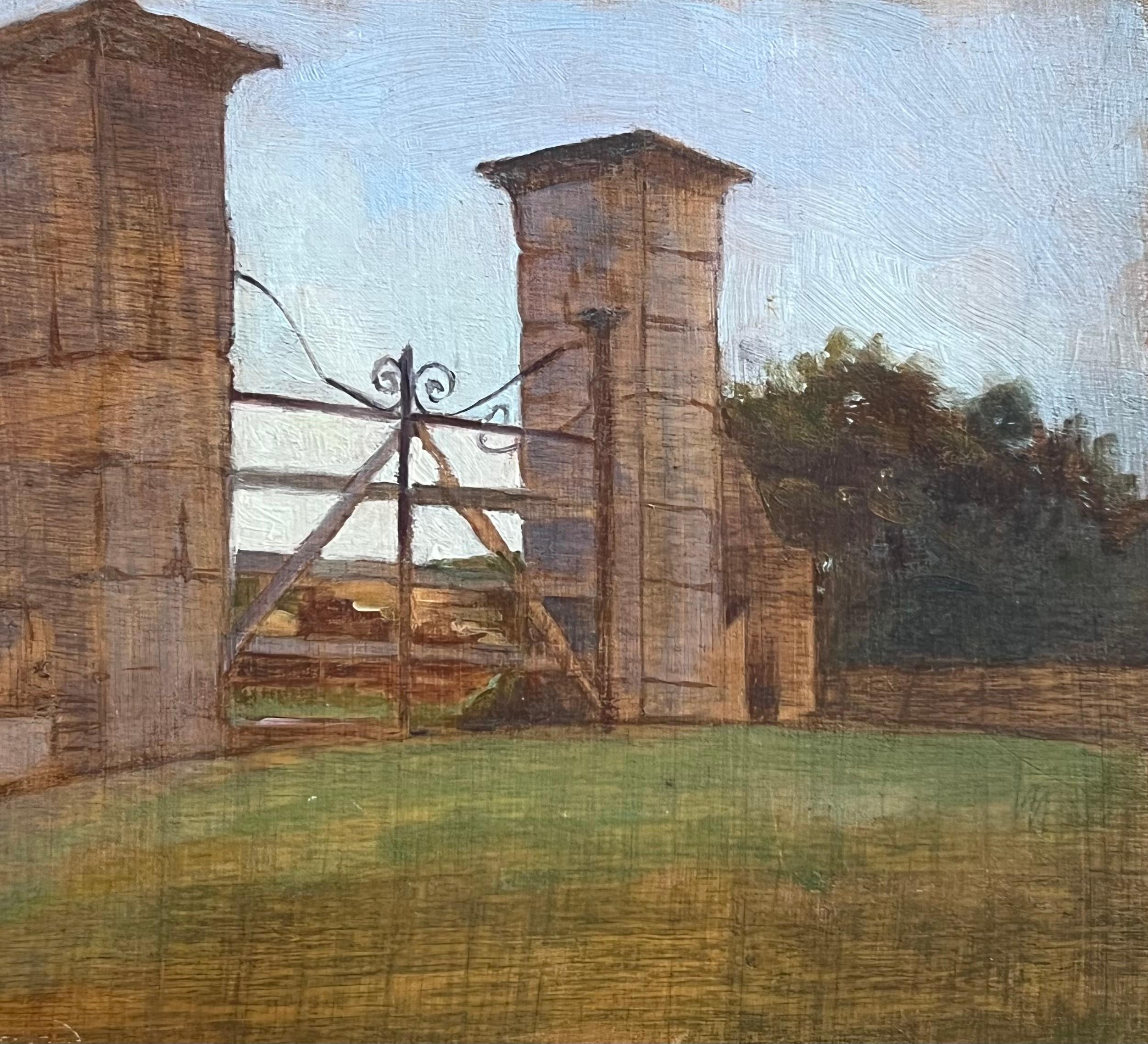 Französische Ölgemäldestudie des frühen 20. Jahrhunderts, Studie der Eingangstore des Chateau Parks (Braun), Landscape Painting, von French School
