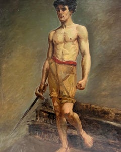 Fine 19th C. French Academic Oil Painting Portrait Semi Nude Male with Sword