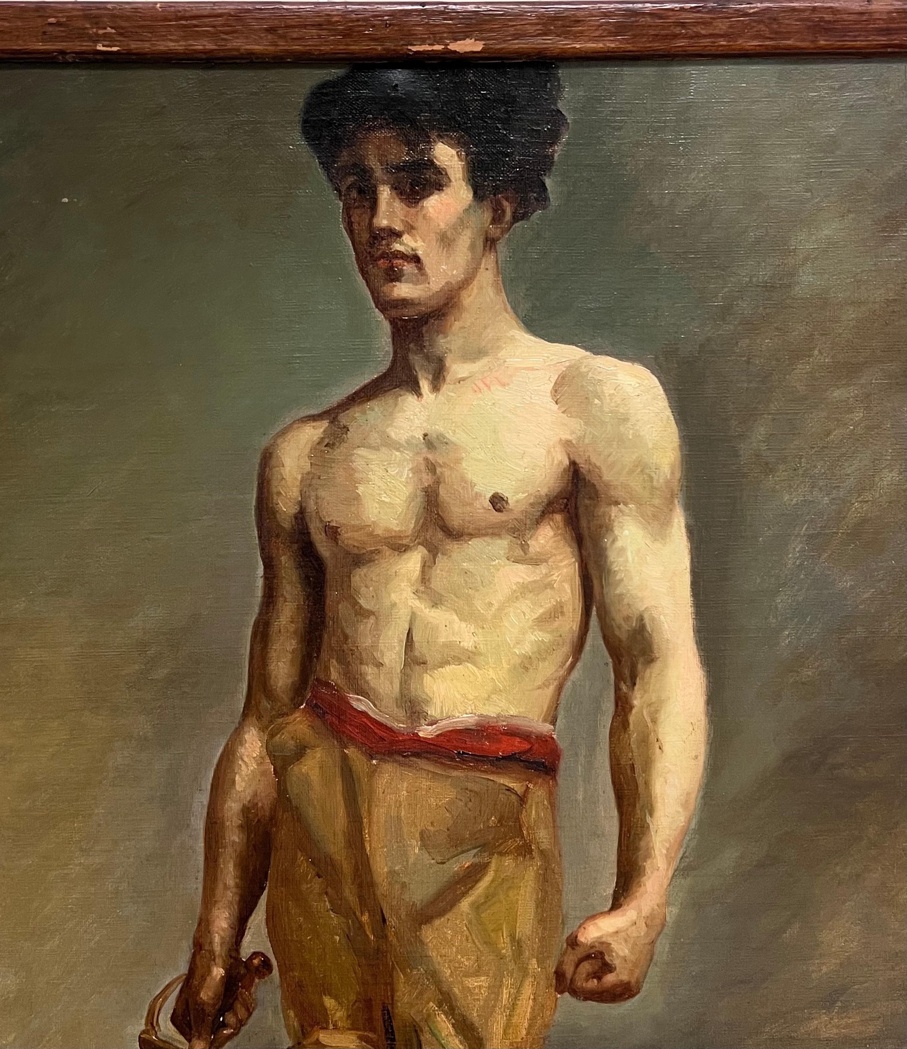 Pregevole dipinto a olio accademico francese del XIX secolo Ritratto di uomo seminudo con spada - Painting Scuola francese di French School