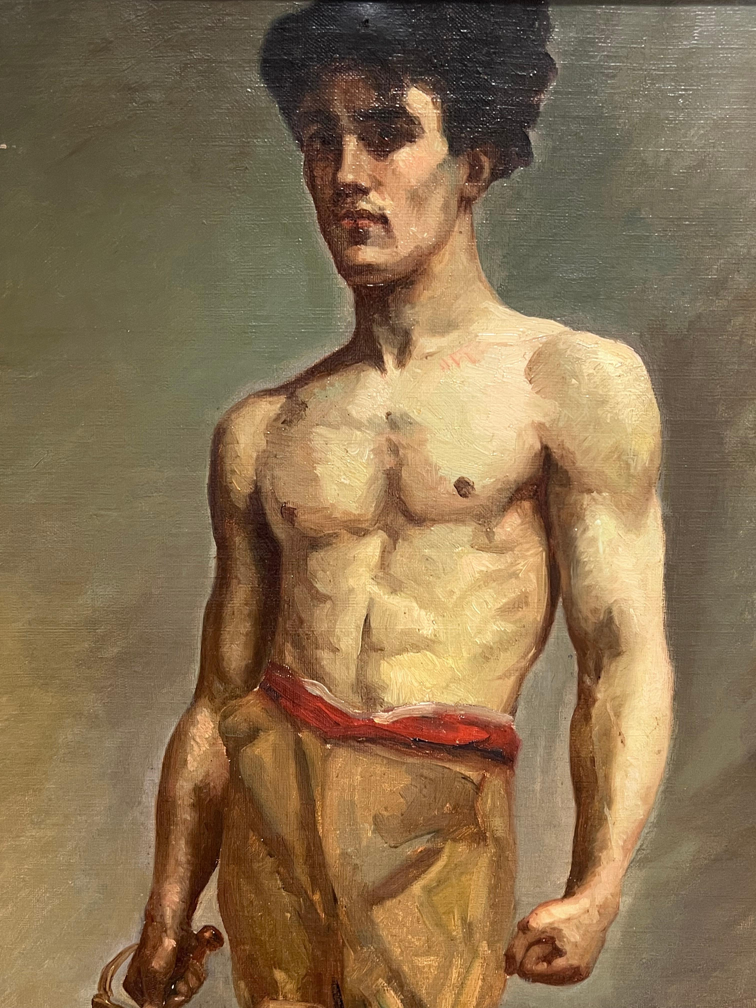 Pregevole dipinto a olio accademico francese del XIX secolo Ritratto di uomo seminudo con spada - Nude Painting Marrone di French School