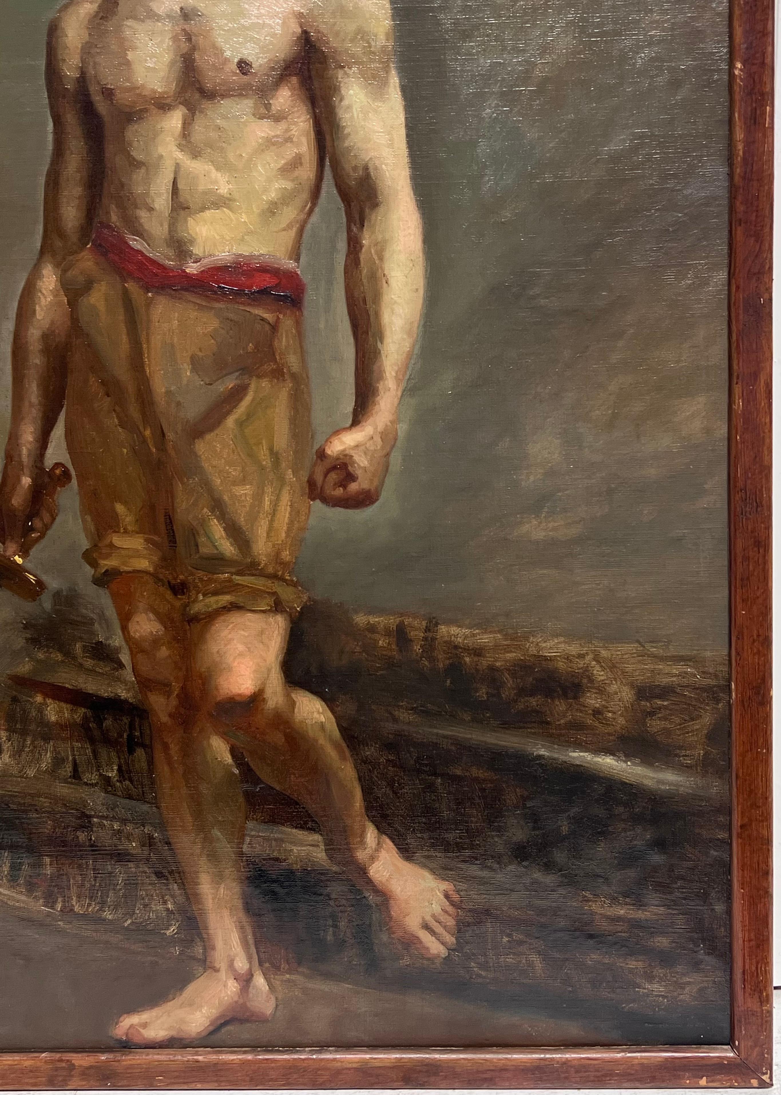 Pregevole dipinto a olio accademico francese del XIX secolo Ritratto di uomo seminudo con spada in vendita 1