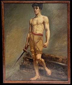 Feines französisches akademisches Ölgemälde aus dem 19. Jh. Porträt eines männlichen Halbakts mit Schwert