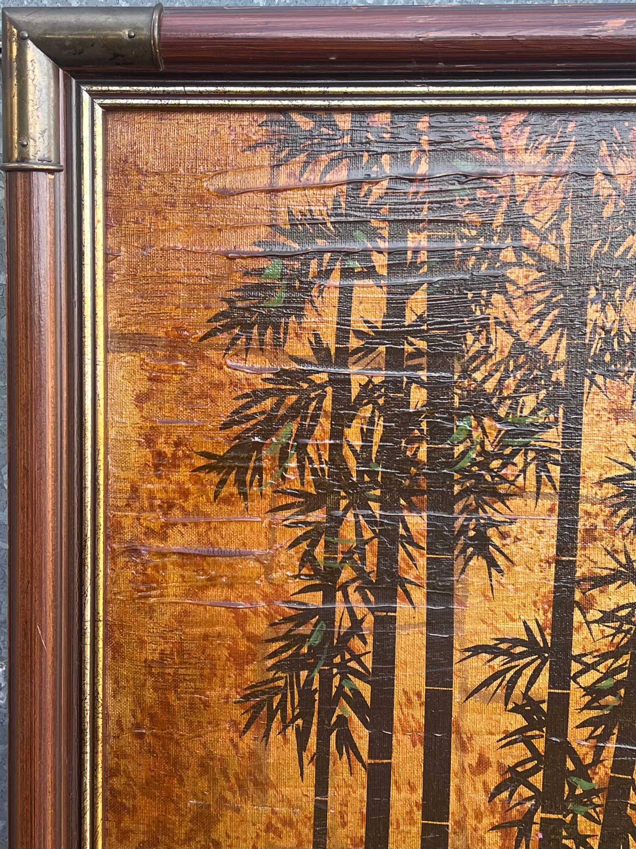 Enorme Pintura Oriental 4 Grullas Coronadas Rojas Asiáticas Vadeando en el Agua Bambú Dorado 7