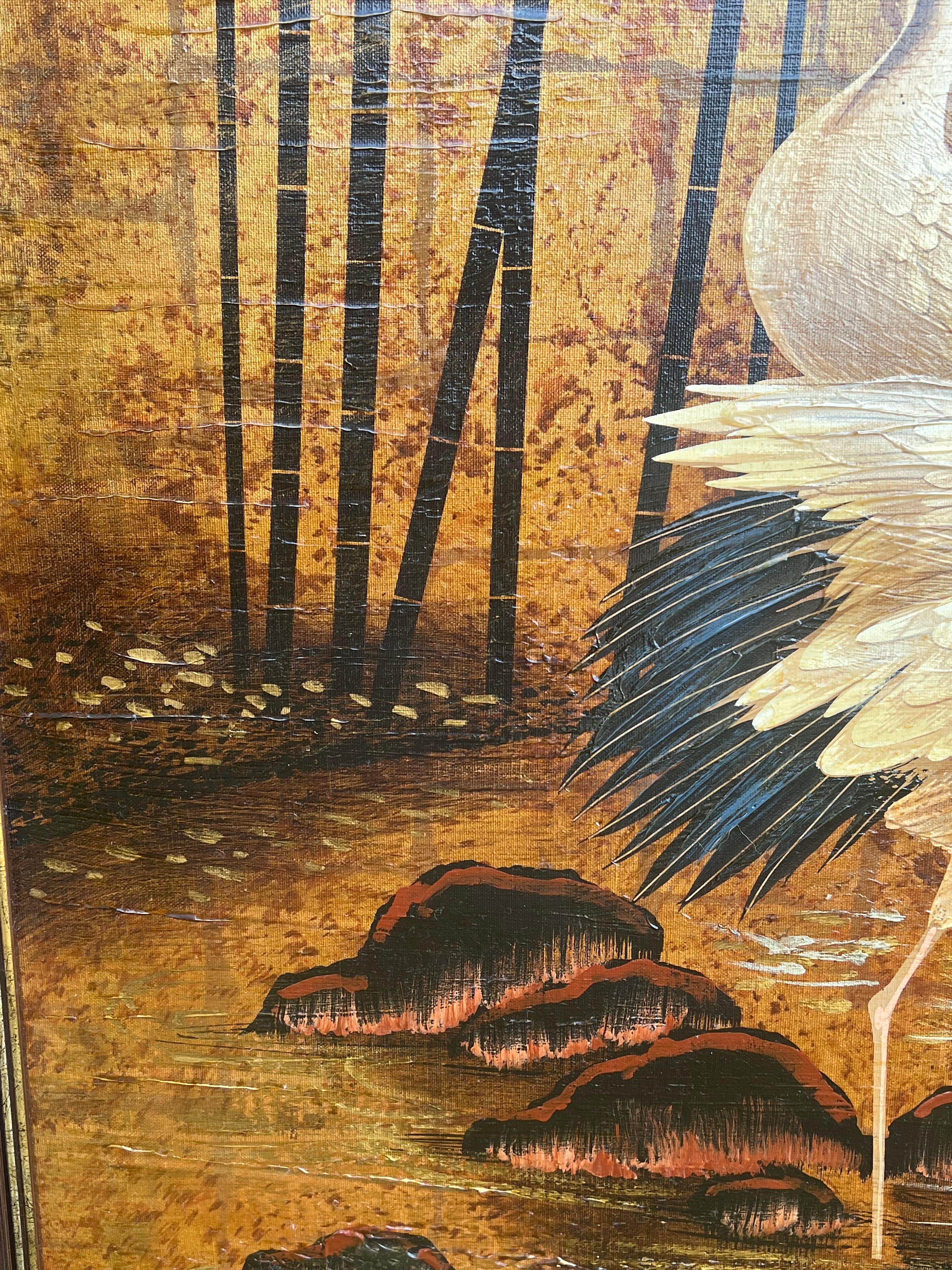 Enorme Pintura Oriental 4 Grullas Coronadas Rojas Asiáticas Vadeando en el Agua Bambú Dorado 8