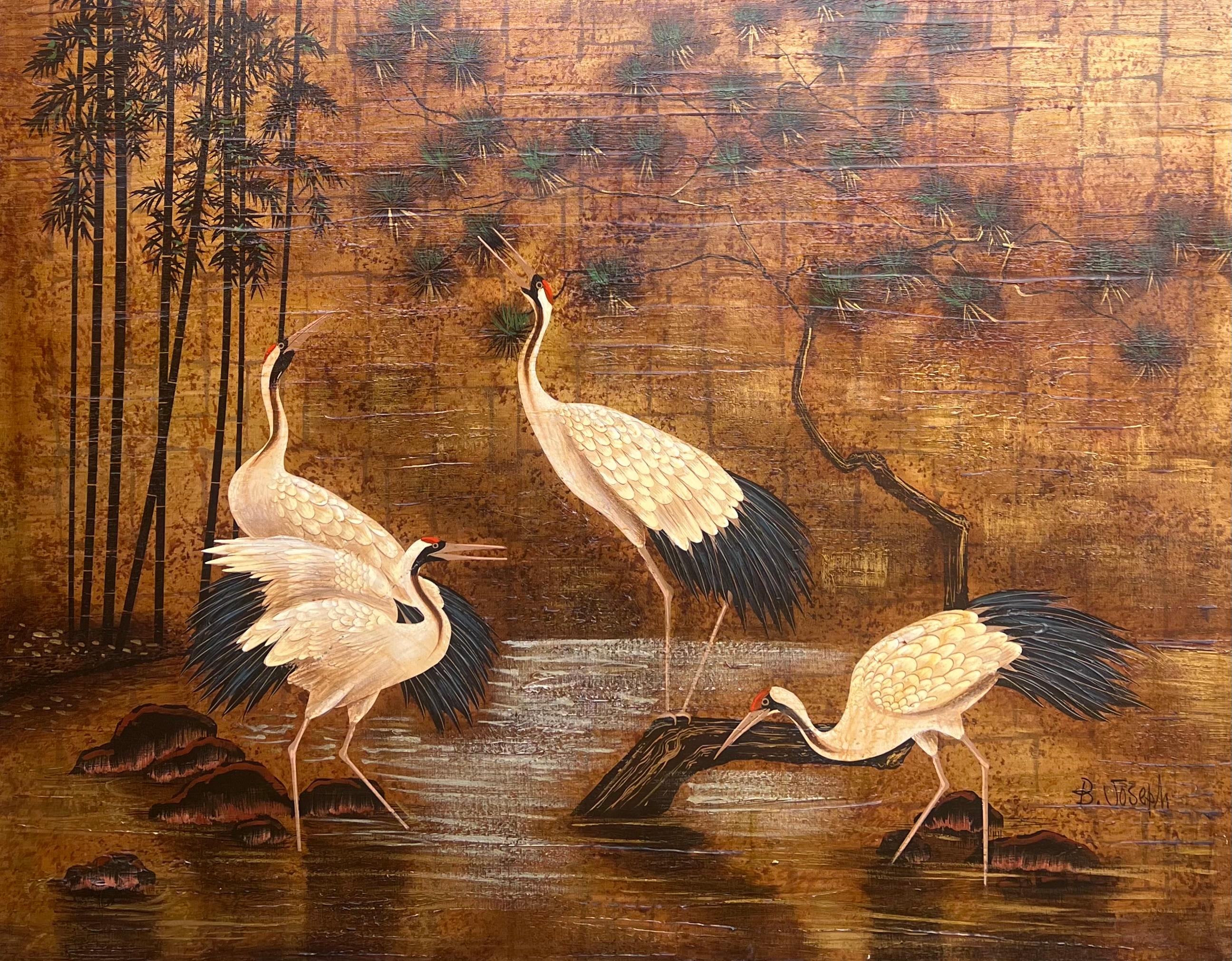 Enorme Pintura Oriental 4 Grullas Coronadas Rojas Asiáticas Vadeando en el Agua Bambú Dorado - Painting Movimiento estético de French School