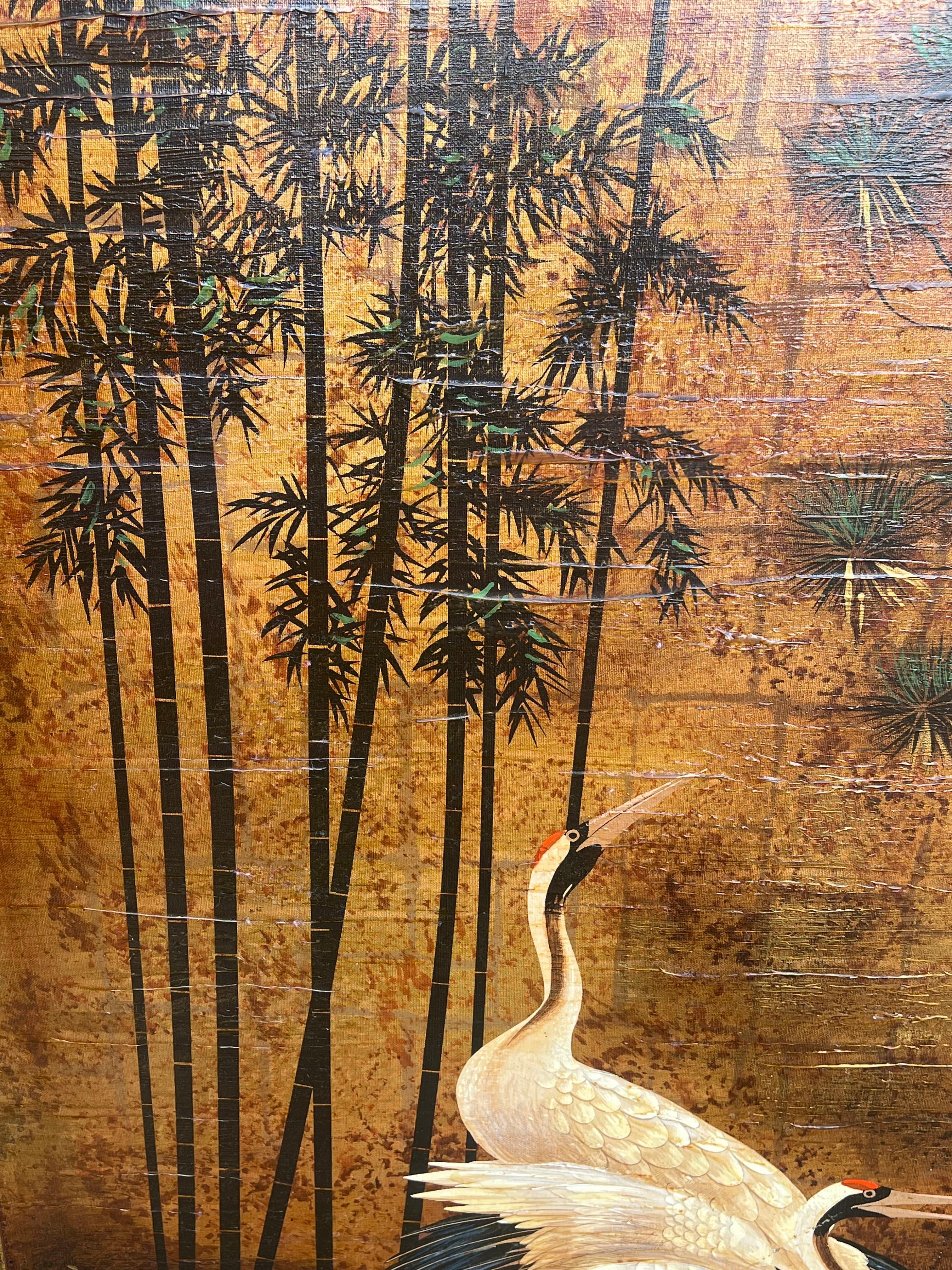 Enorme Pintura Oriental 4 Grullas Coronadas Rojas Asiáticas Vadeando en el Agua Bambú Dorado - Animal Painting Marrón de French School