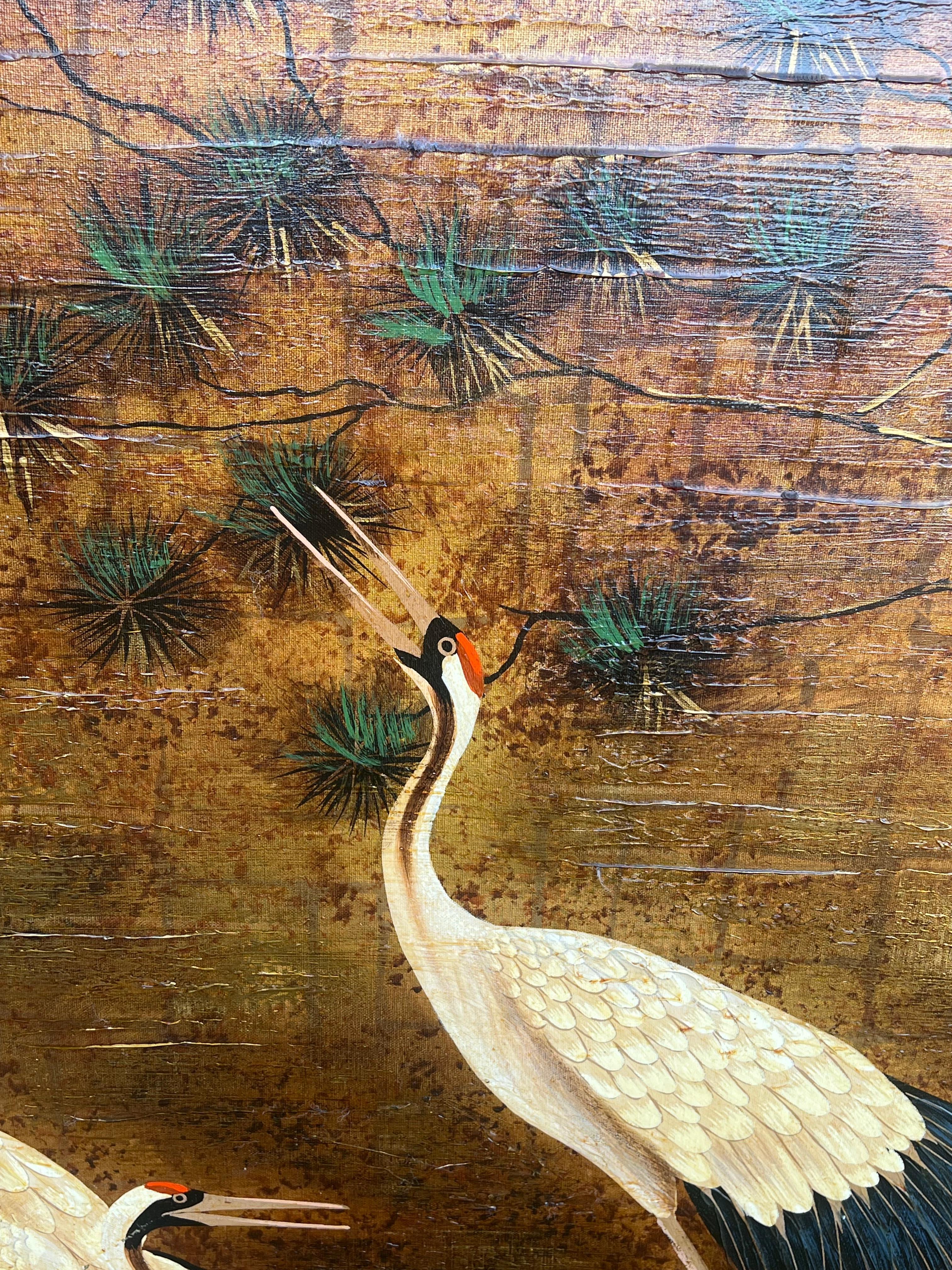 Enorme Pintura Oriental 4 Grullas Coronadas Rojas Asiáticas Vadeando en el Agua Bambú Dorado 1