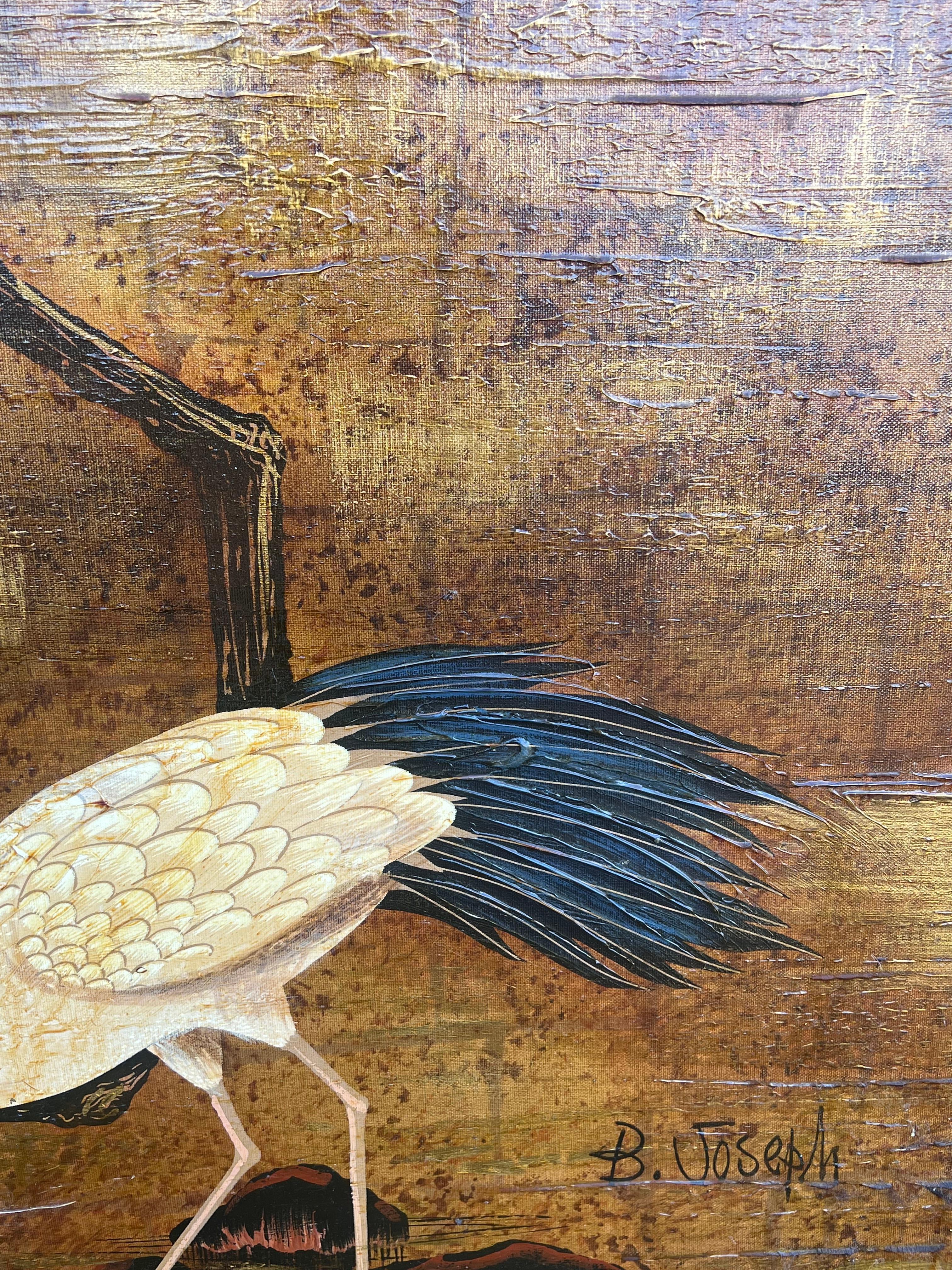 Enorme Pintura Oriental 4 Grullas Coronadas Rojas Asiáticas Vadeando en el Agua Bambú Dorado 3