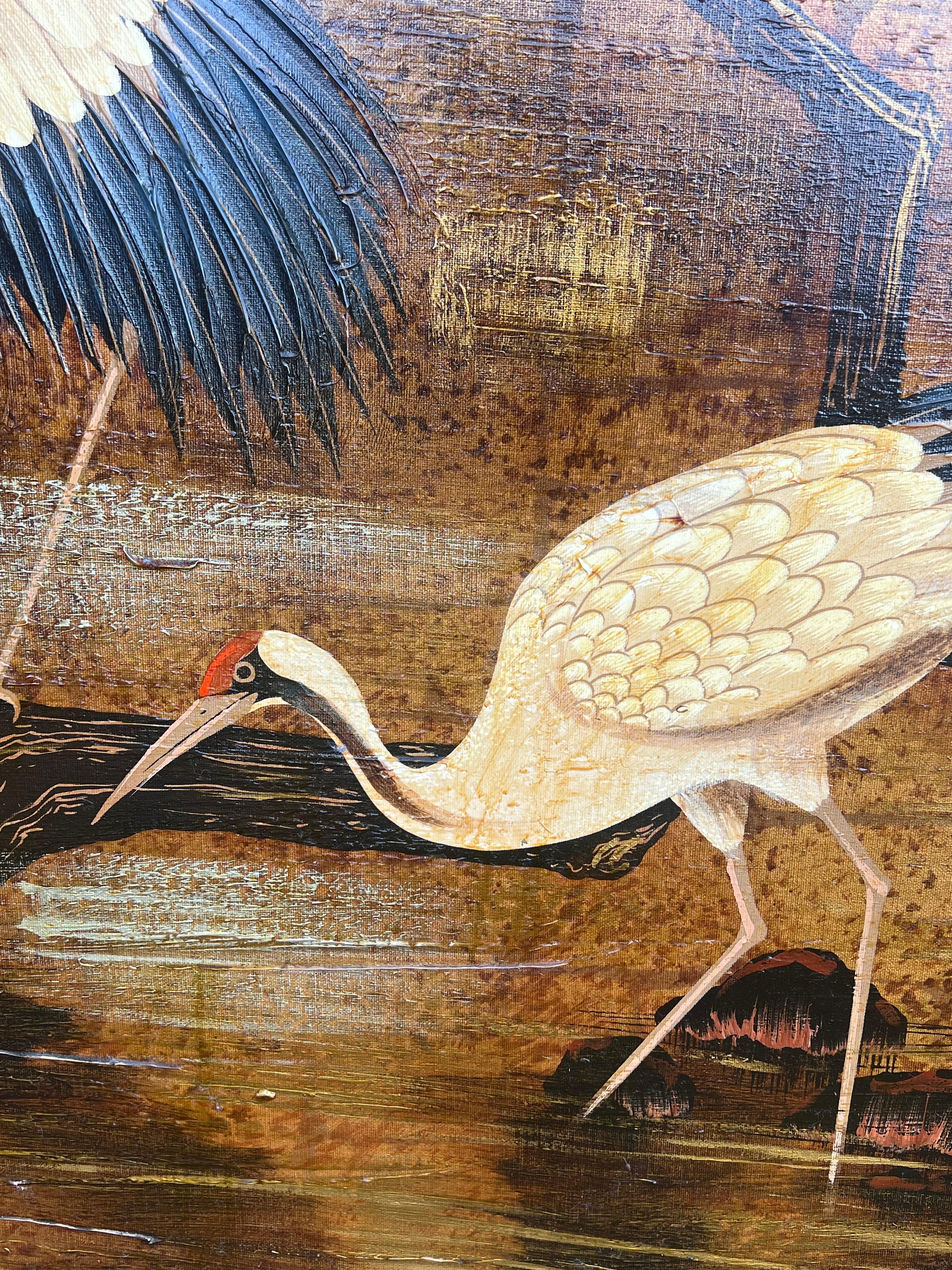 Enorme Pintura Oriental 4 Grullas Coronadas Rojas Asiáticas Vadeando en el Agua Bambú Dorado 4