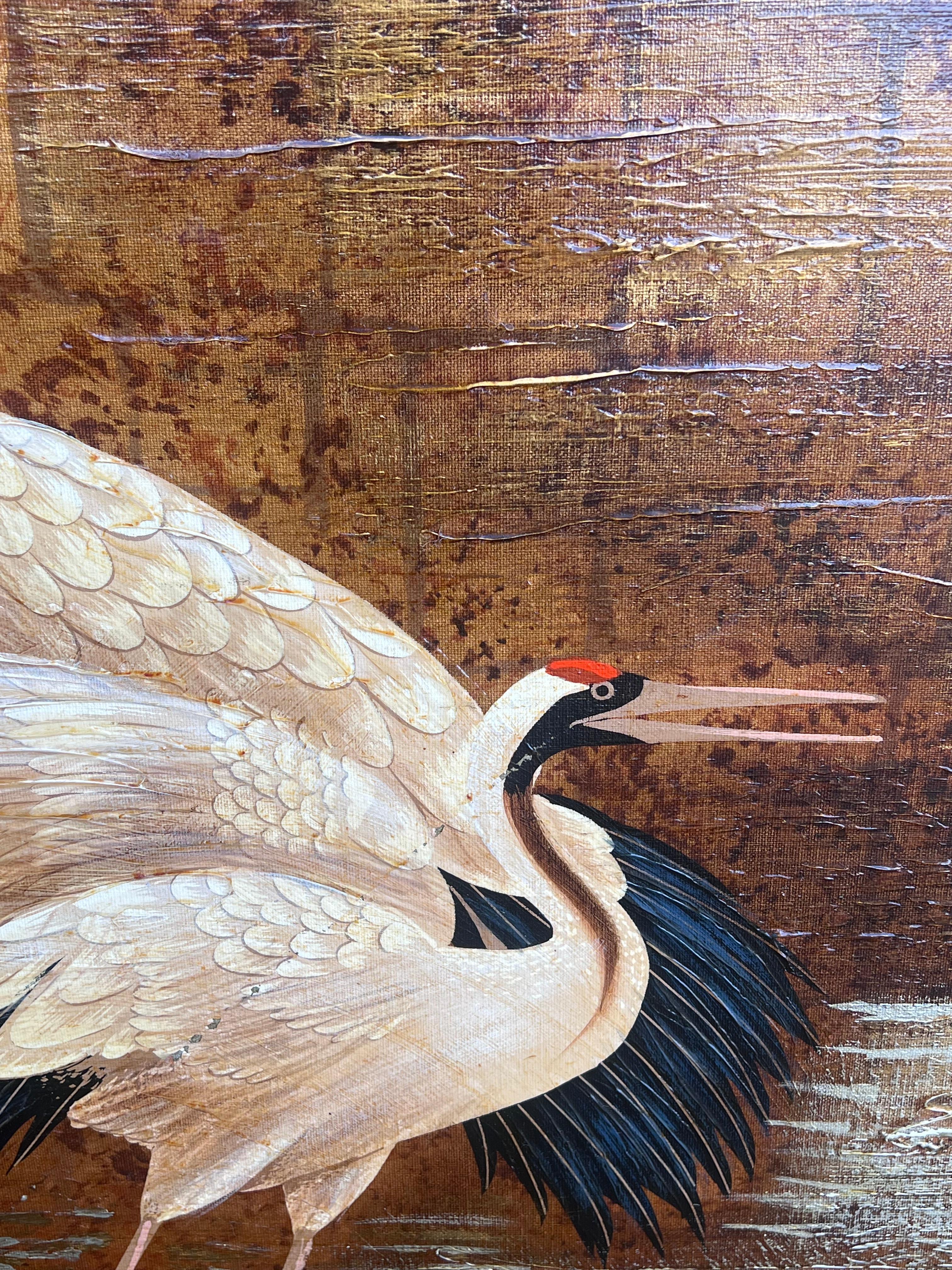Enorme Pintura Oriental 4 Grullas Coronadas Rojas Asiáticas Vadeando en el Agua Bambú Dorado 5