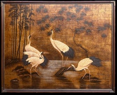 Grande peinture orientale 4 grues rouges couronnées Wading in Water Bamboo Golden