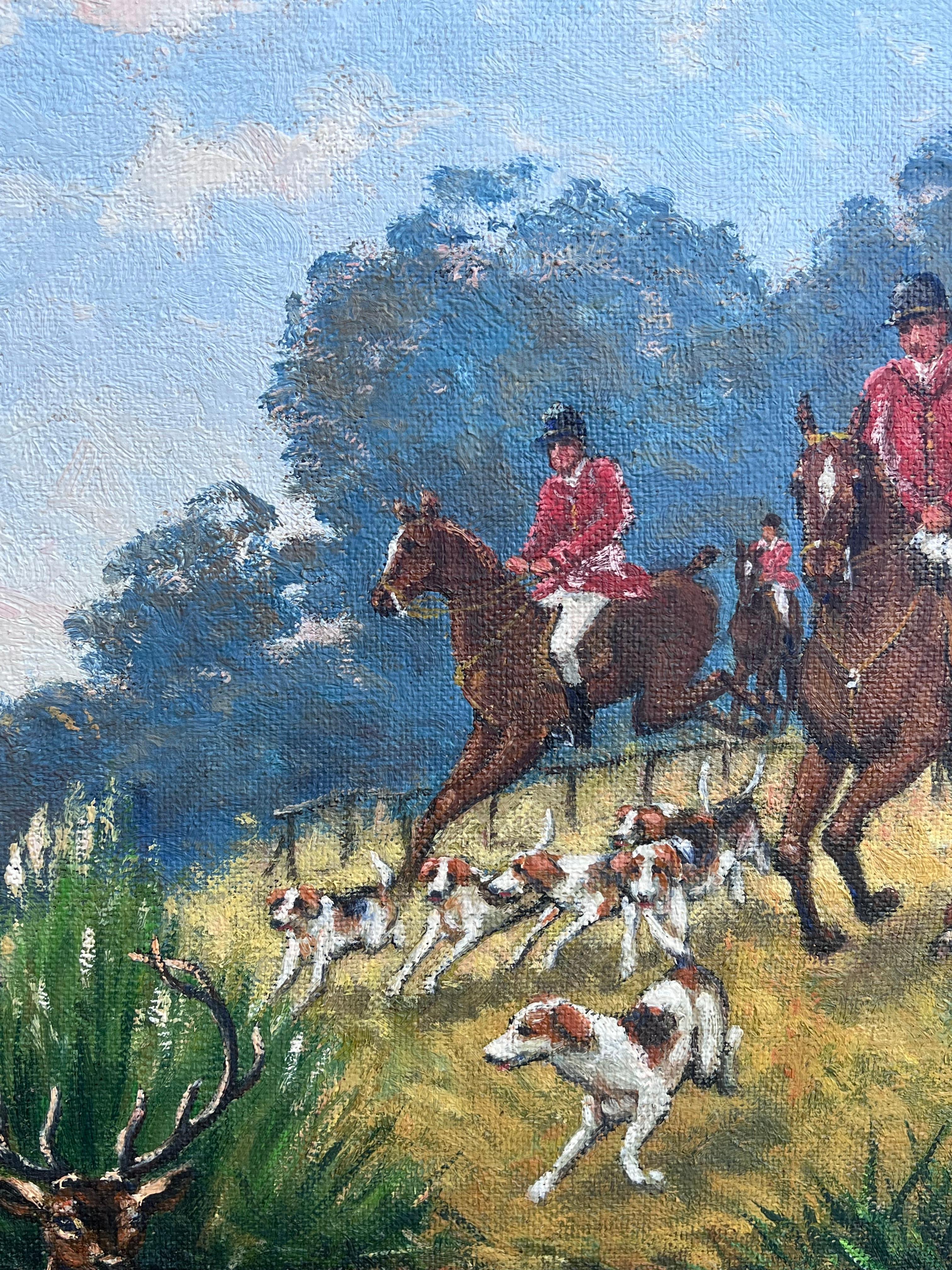 Huge französische Jagdszene Pferd & Hunde ziselieren Hirsch durch Fluss, signiert Öl im Angebot 5