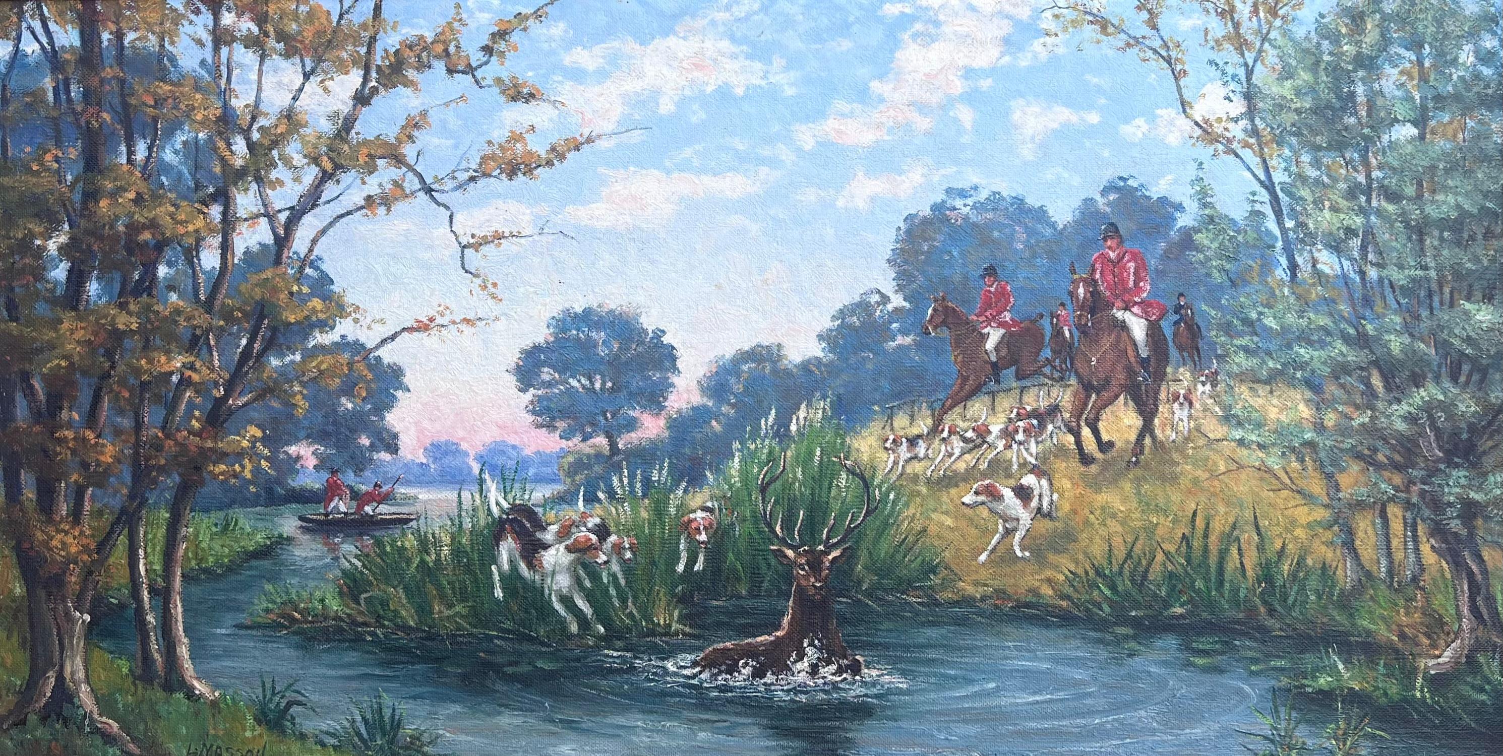 Huge französische Jagdszene Pferd & Hunde ziselieren Hirsch durch Fluss, signiert Öl – Painting von French School