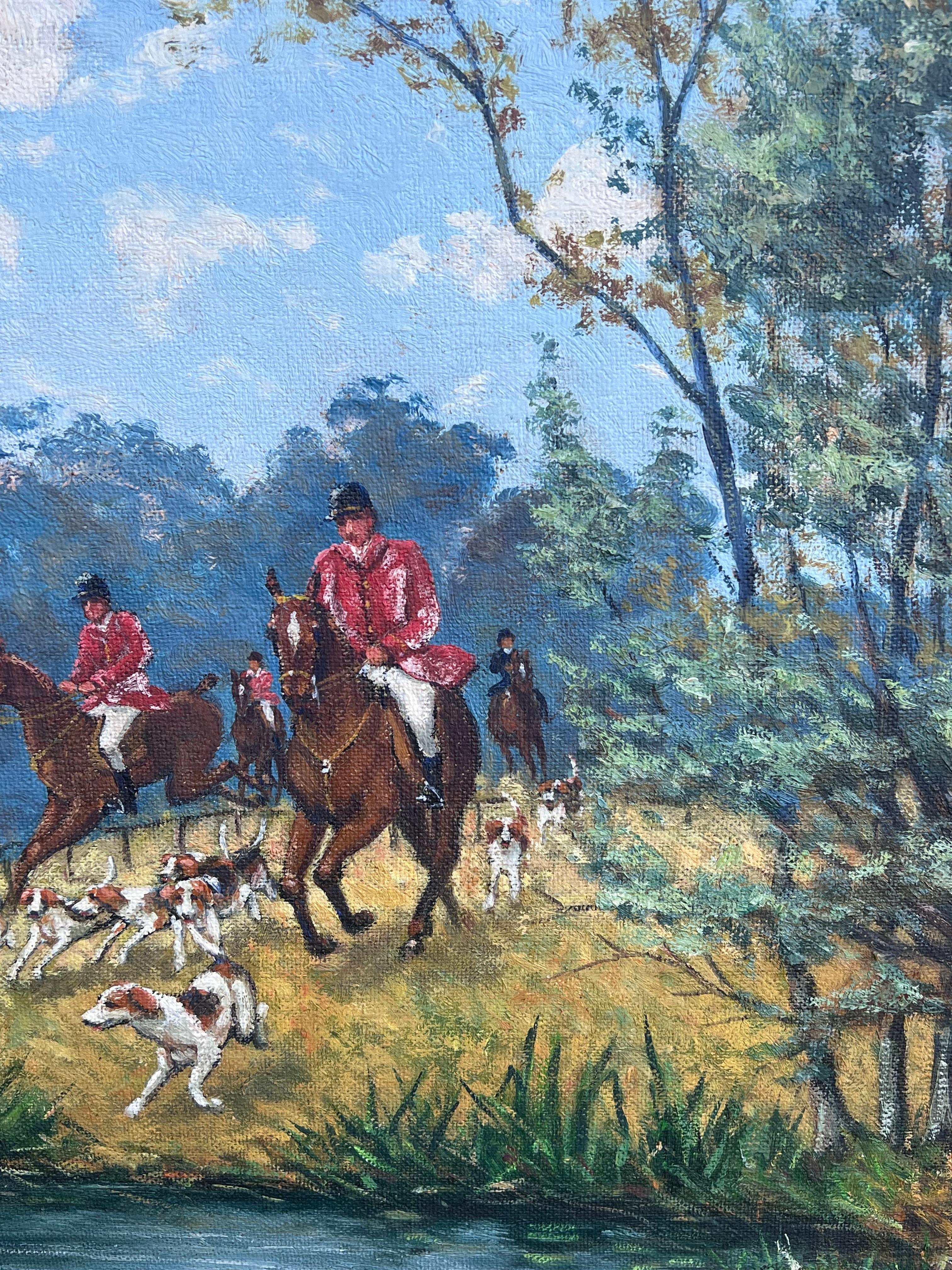 Huge französische Jagdszene Pferd & Hunde ziselieren Hirsch durch Fluss, signiert Öl (Französische Schule), Painting, von French School