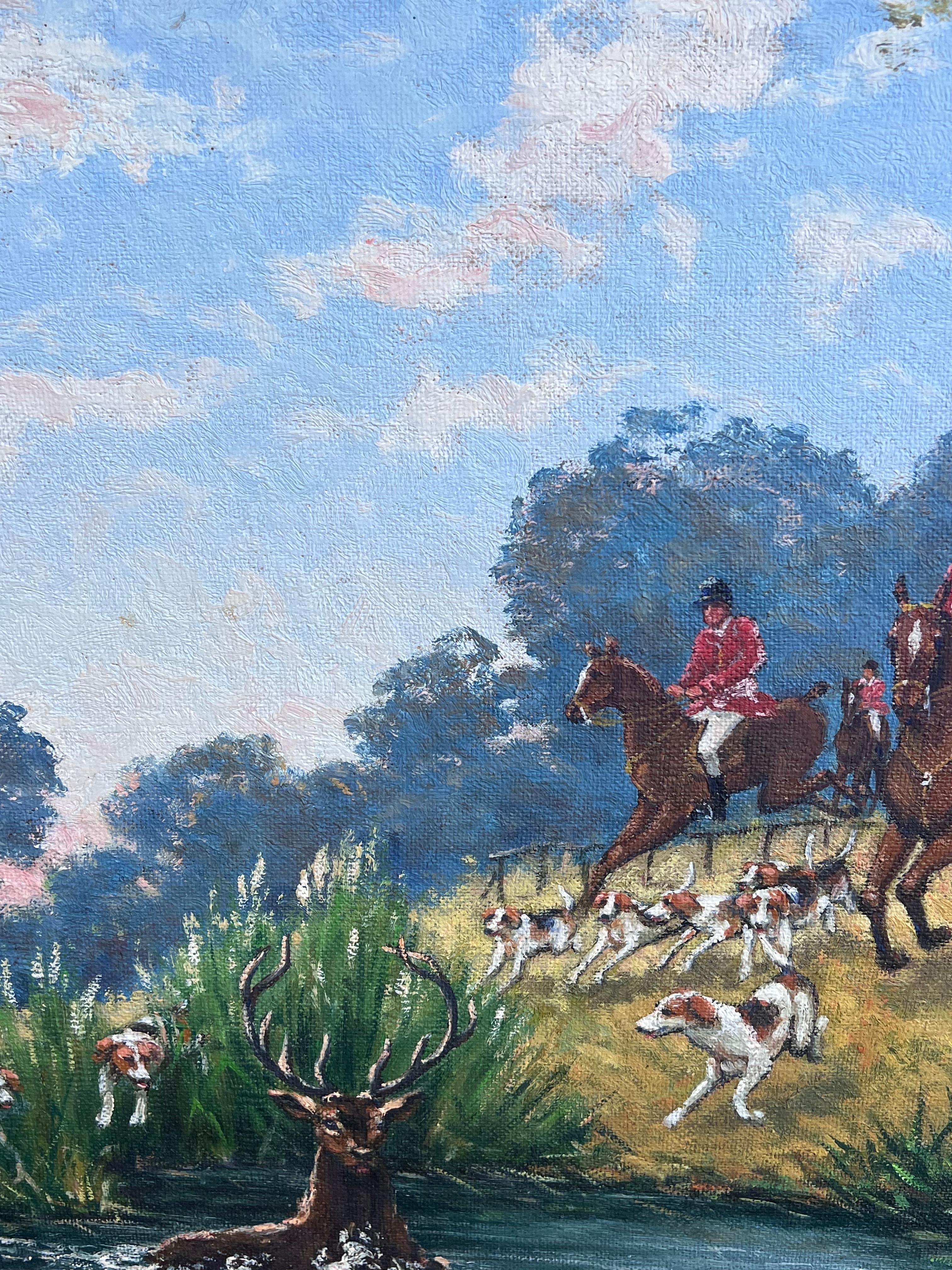 Huge französische Jagdszene Pferd & Hunde ziselieren Hirsch durch Fluss, signiert Öl (Grau), Animal Painting, von French School
