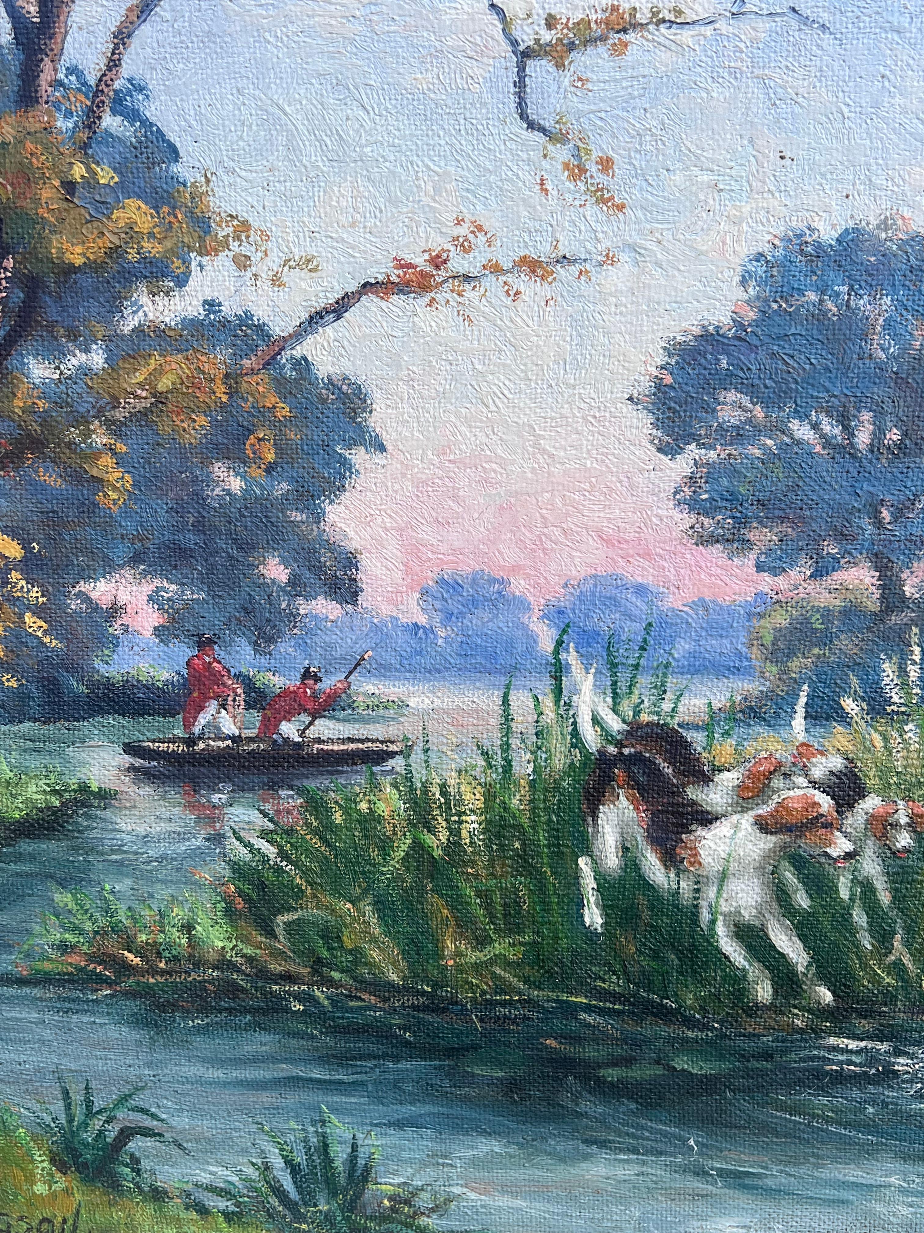 Huge französische Jagdszene Pferd & Hunde ziselieren Hirsch durch Fluss, signiert Öl im Angebot 2