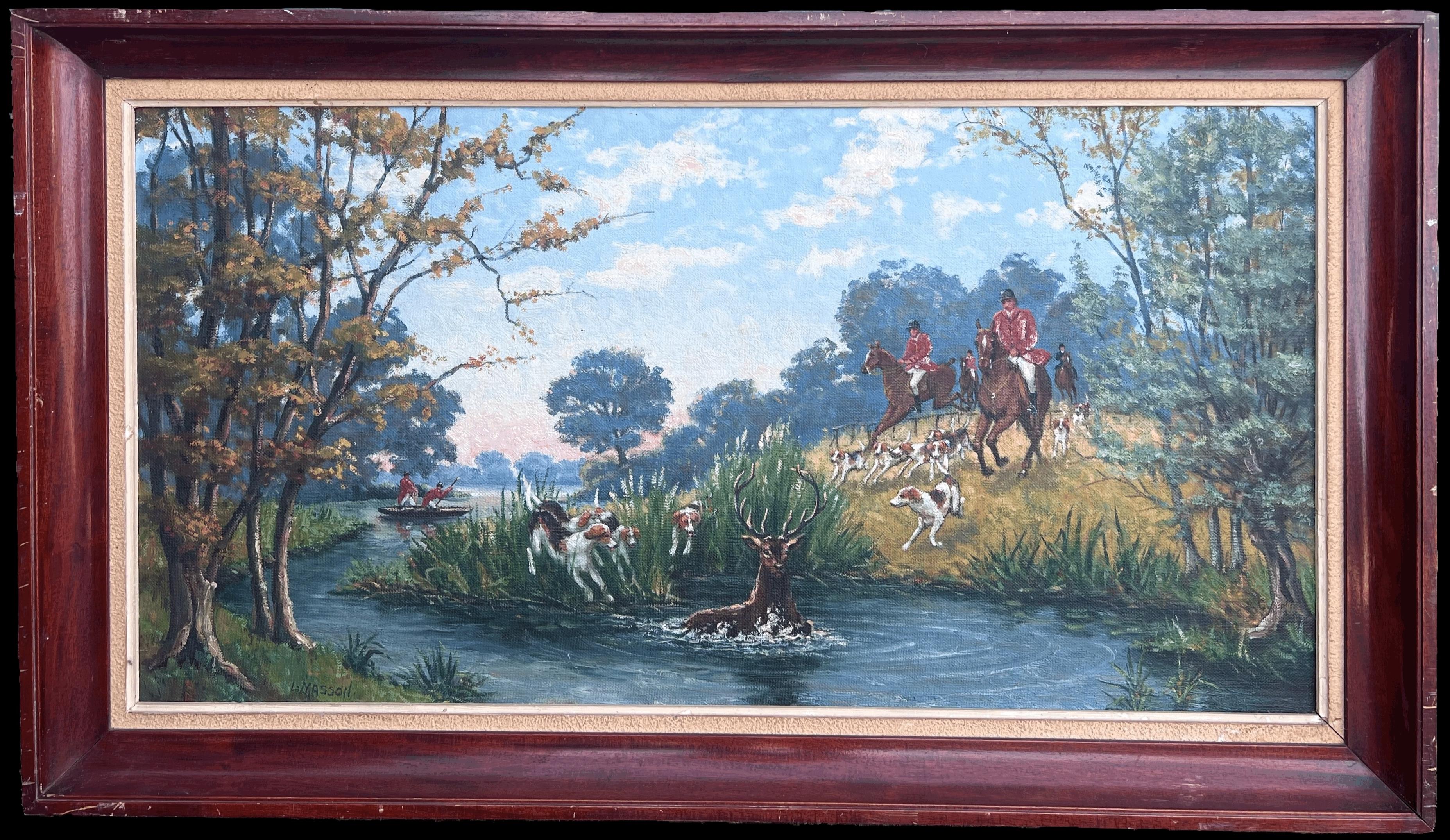Enorme escena de caza francesa Caballo y lebreles persiguiendo al ciervo por el río Óleo firmado