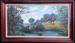 Huge französische Jagdszene Pferd & Hunde ziselieren Hirsch durch Fluss, signiert Öl